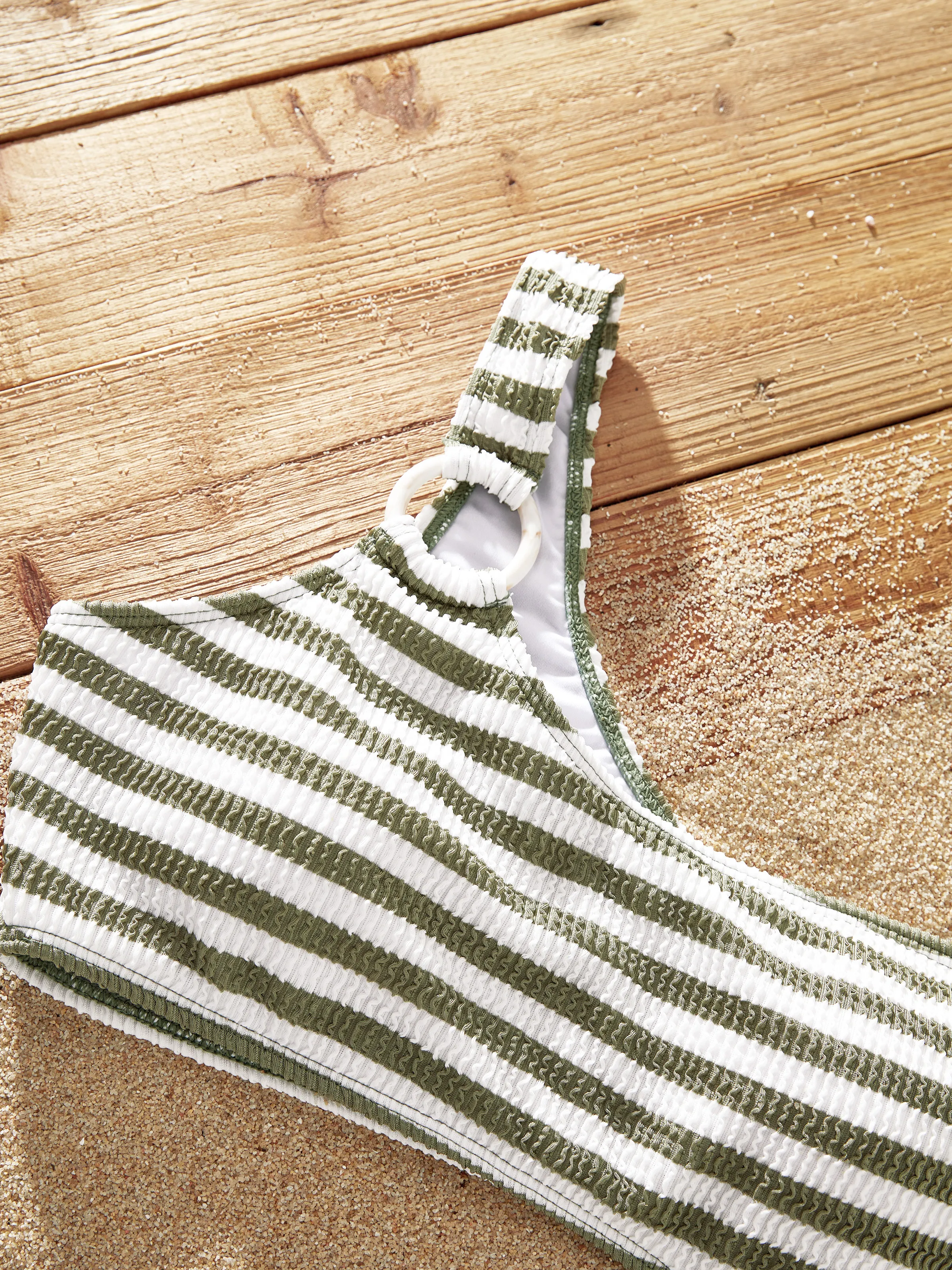 Family Matching Colorblock Stripe Swim Trunks or One Piece One Shoulder Swimsuit Army green - Image 5