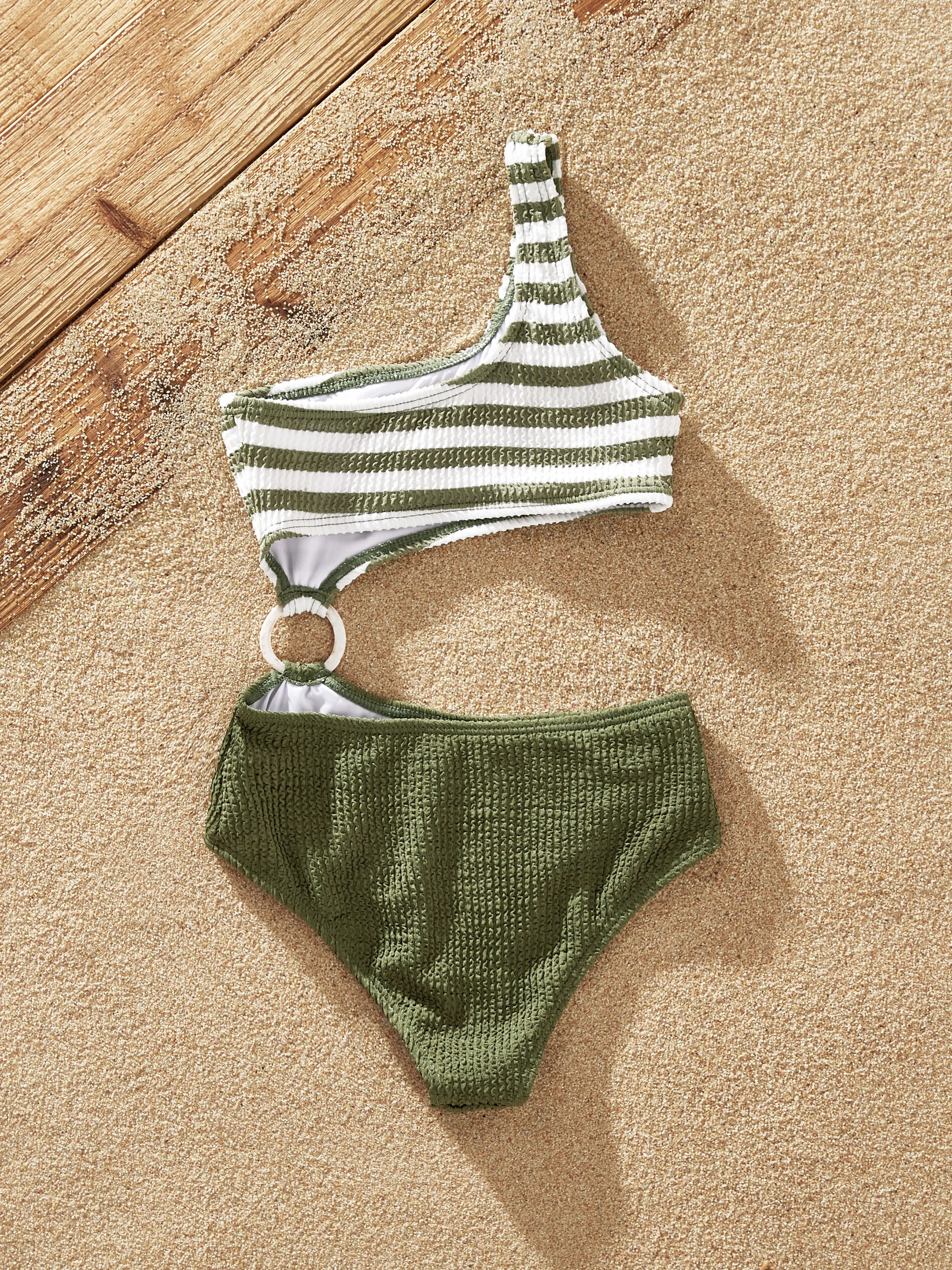 Family Matching Colorblock Stripe Swim Trunks or One Piece One Shoulder Swimsuit Army green - Image 9