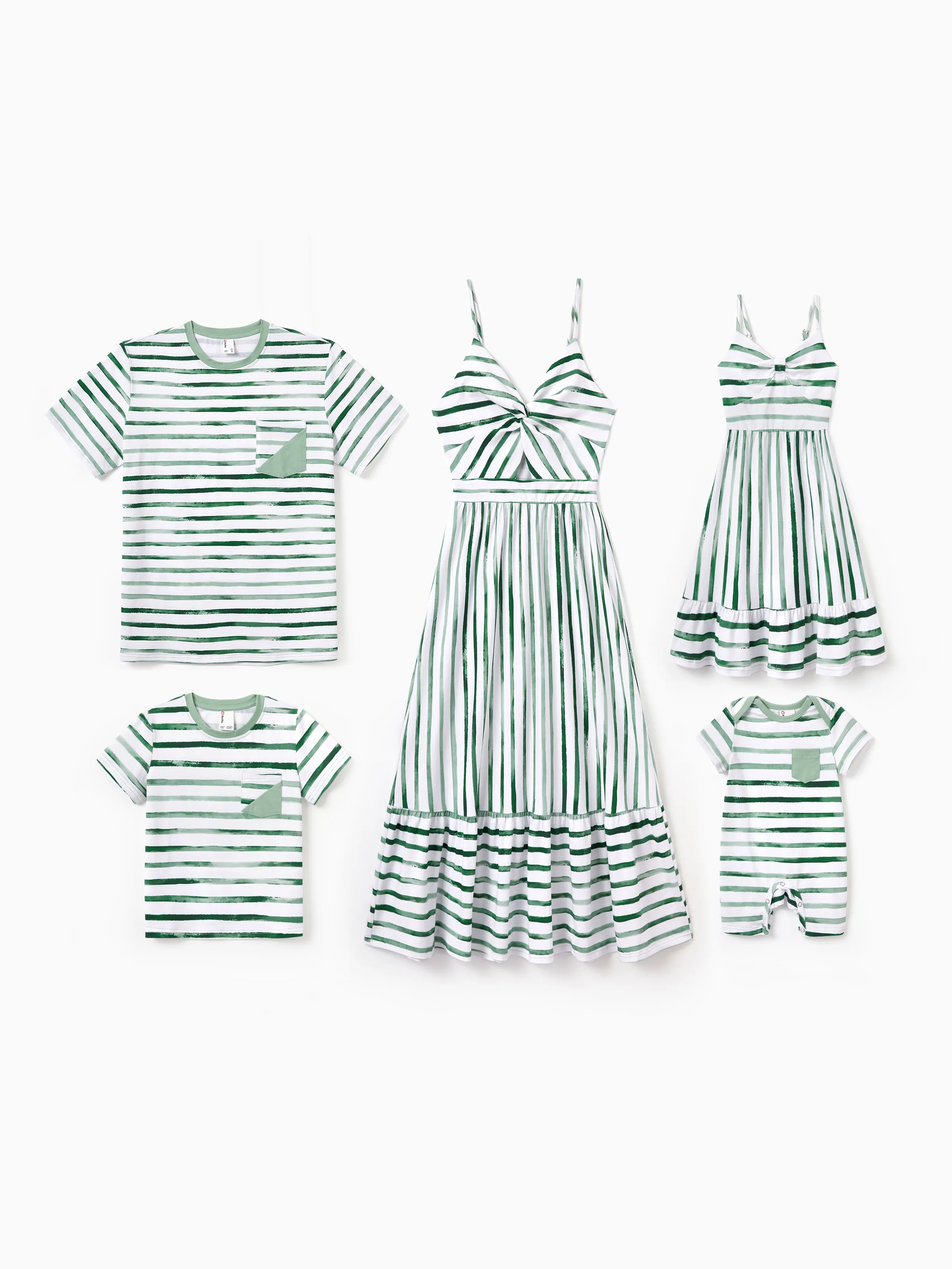 Family Matching Cotton Outfits Set Green Striped T-Shirt and Dress Set for Dad, Mom, Kids & Baby, Perfect for Summer Family Outings & Photos Green - Image 2
