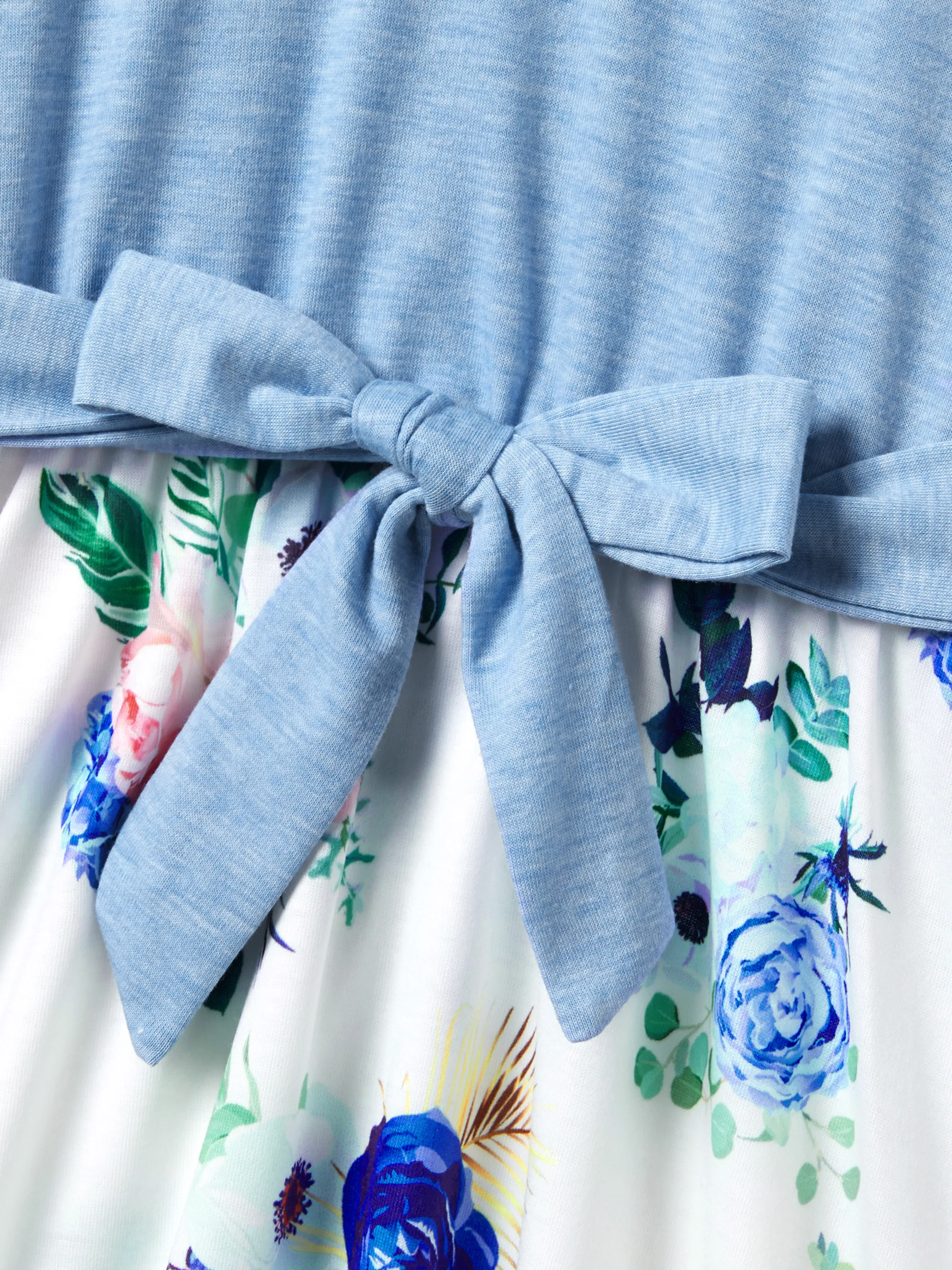 Family Matching Floral Colorblock T-Shirt and Quarter Button Belted Spliced A-Line Dress Sets lightskyblue - Image 12