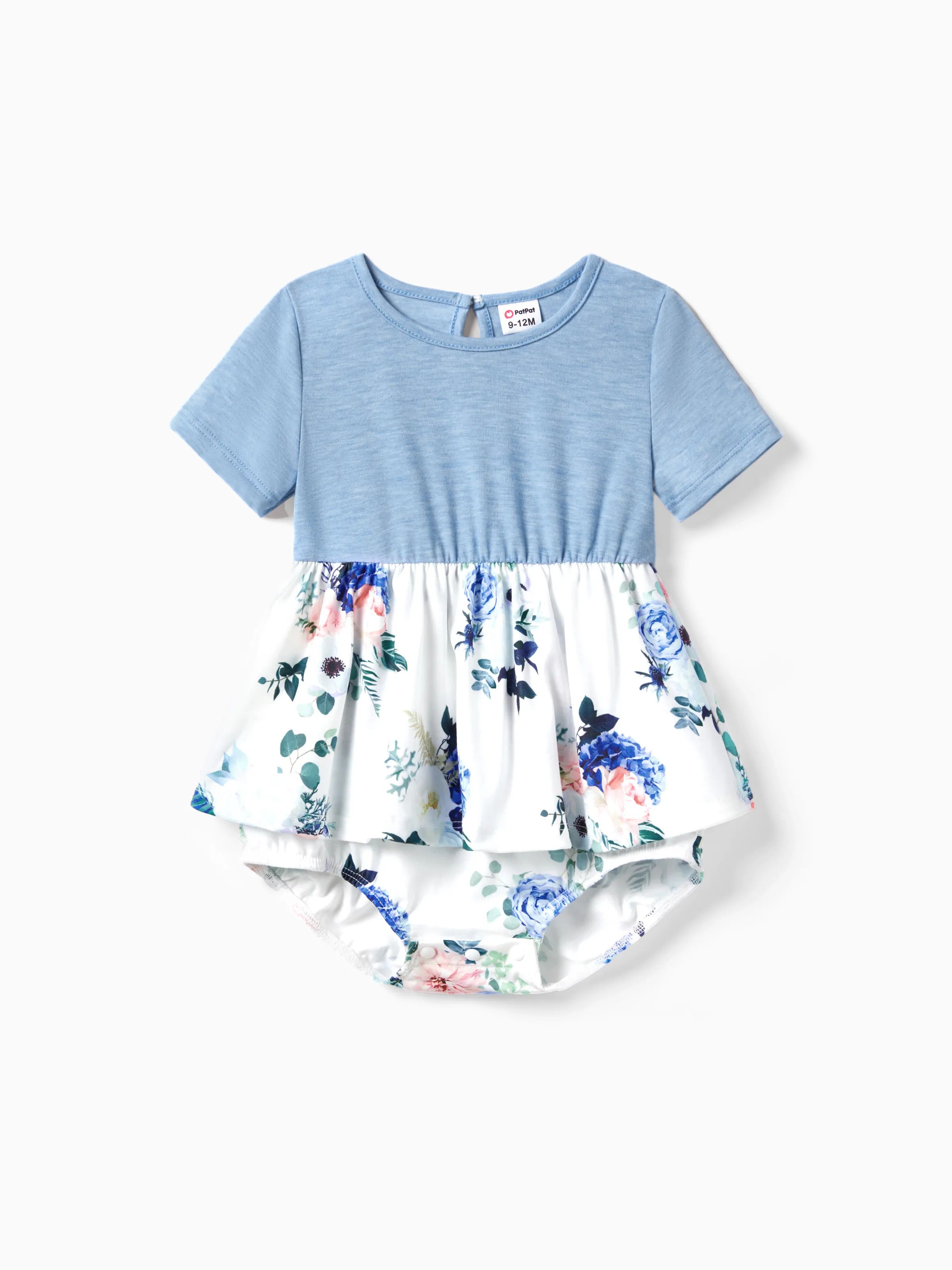 Family Matching Floral Colorblock T-Shirt and Quarter Button Belted Spliced A-Line Dress Sets lightskyblue - Image 13