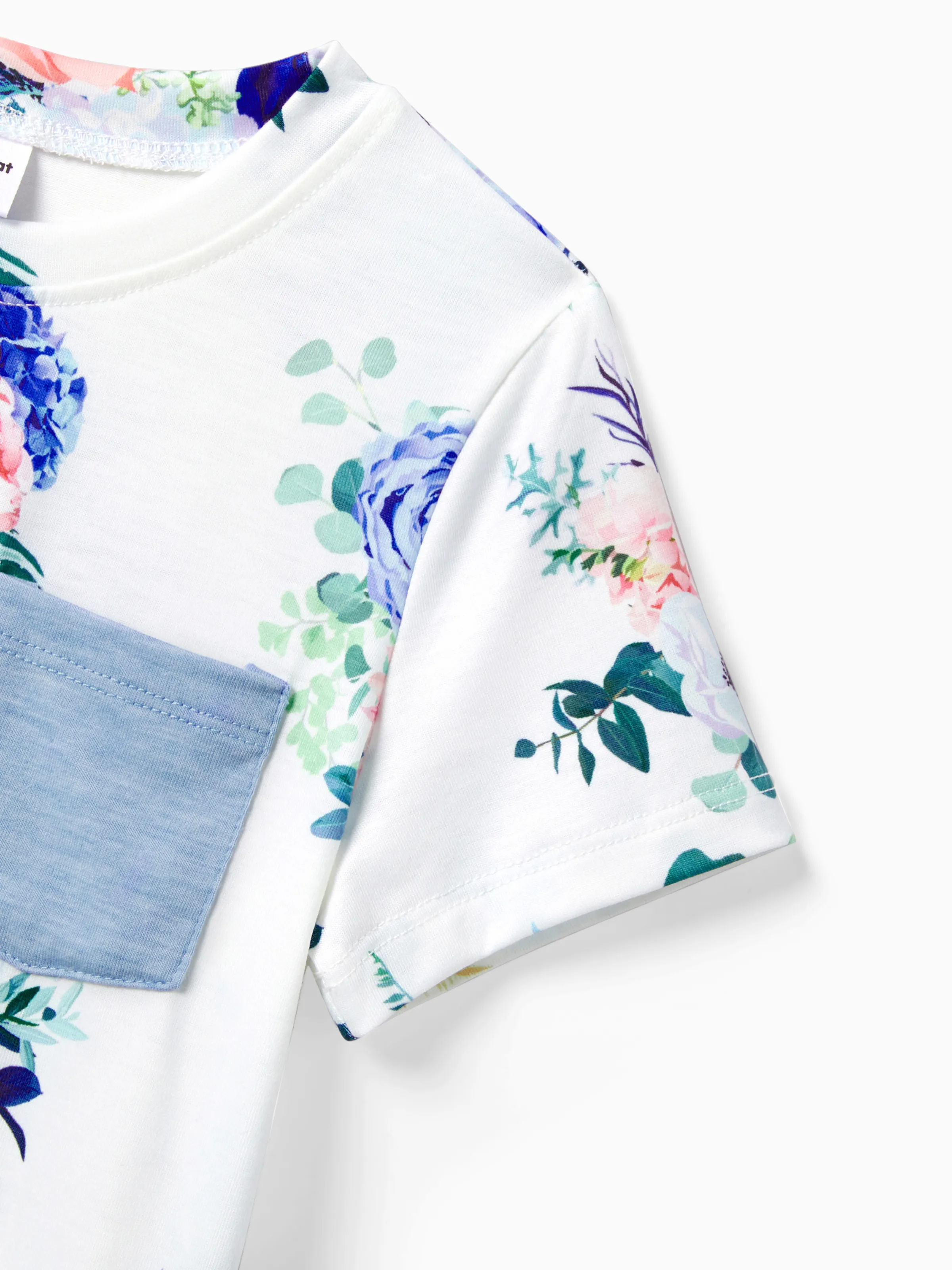 Family Matching Floral Colorblock T-Shirt and Quarter Button Belted Spliced A-Line Dress Sets lightskyblue - Image 19