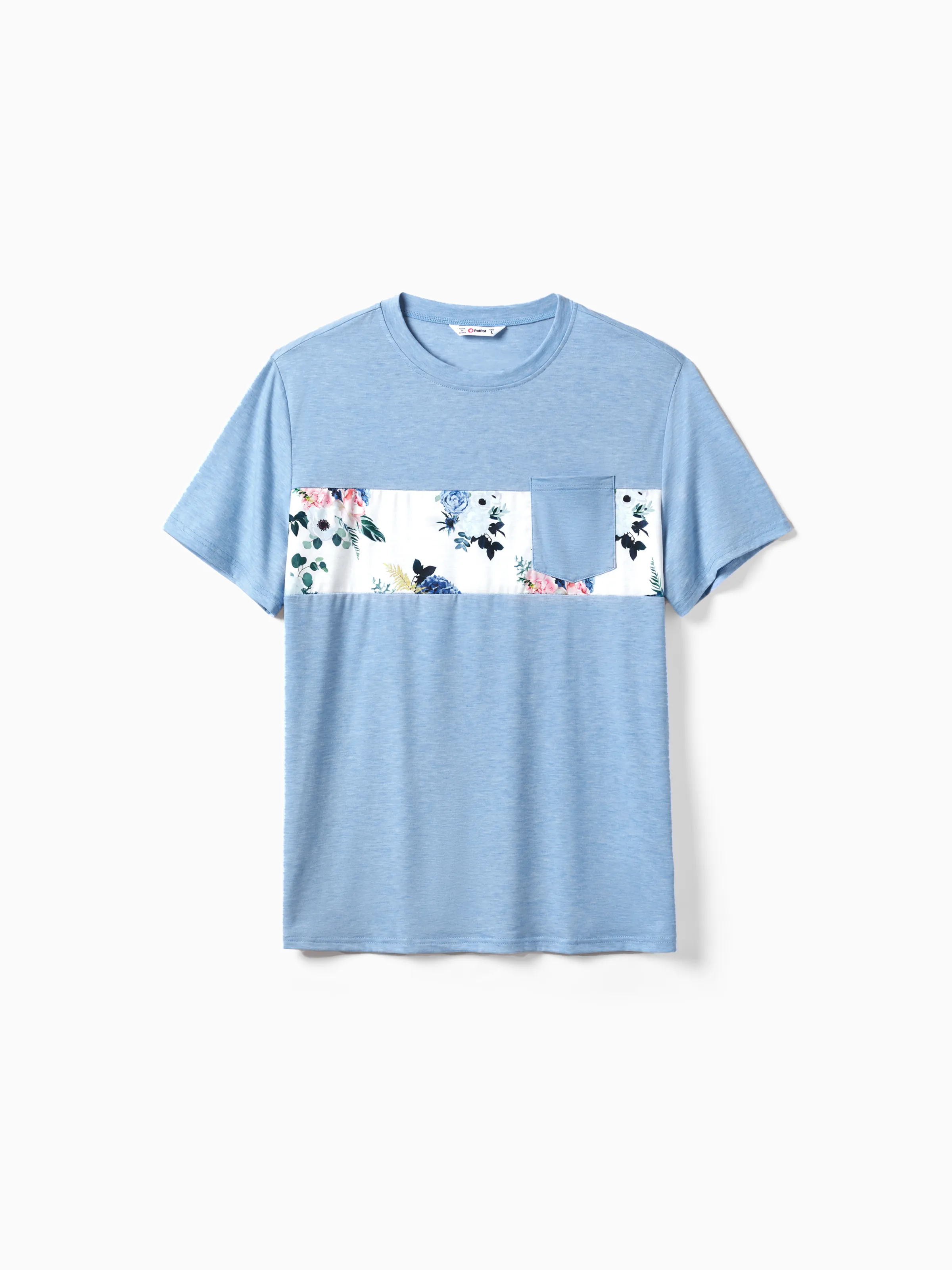 Family Matching Floral Colorblock T-Shirt and Quarter Button Belted Spliced A-Line Dress Sets lightskyblue - Image 21