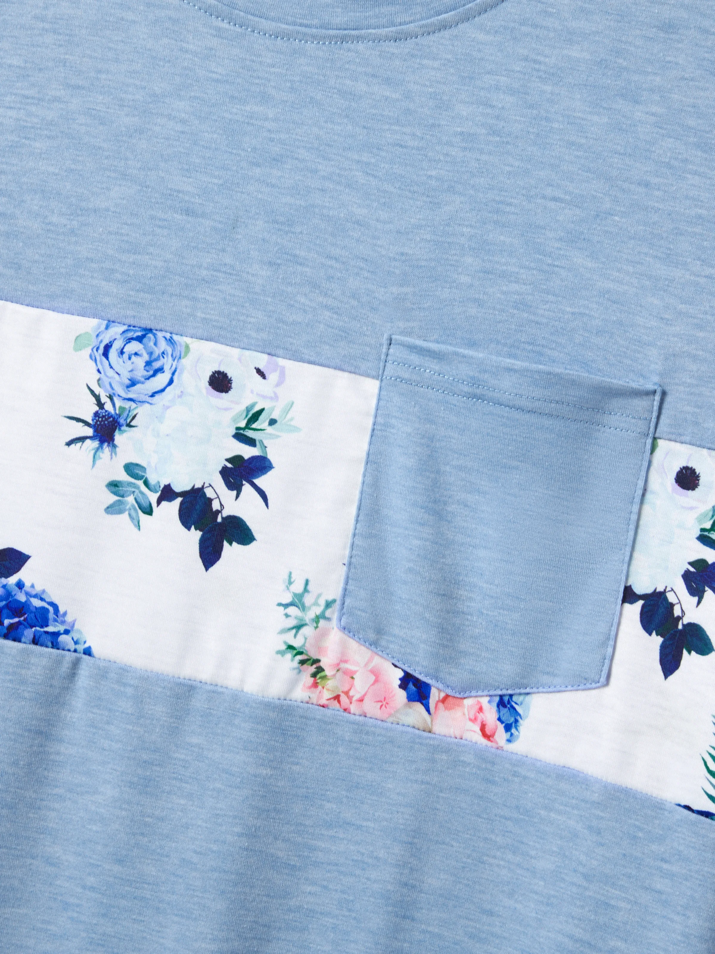 Family Matching Floral Colorblock T-Shirt and Quarter Button Belted Spliced A-Line Dress Sets lightskyblue - Image 23