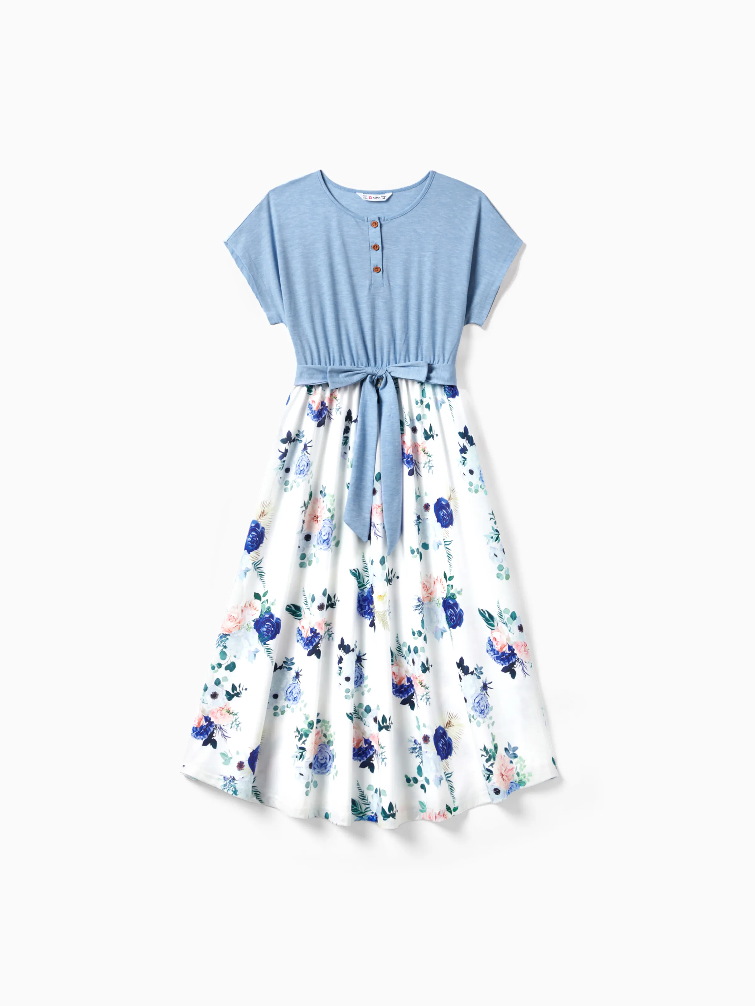 Family Matching Floral Colorblock T-Shirt and Quarter Button Belted Spliced A-Line Dress Sets lightskyblue - Image 4
