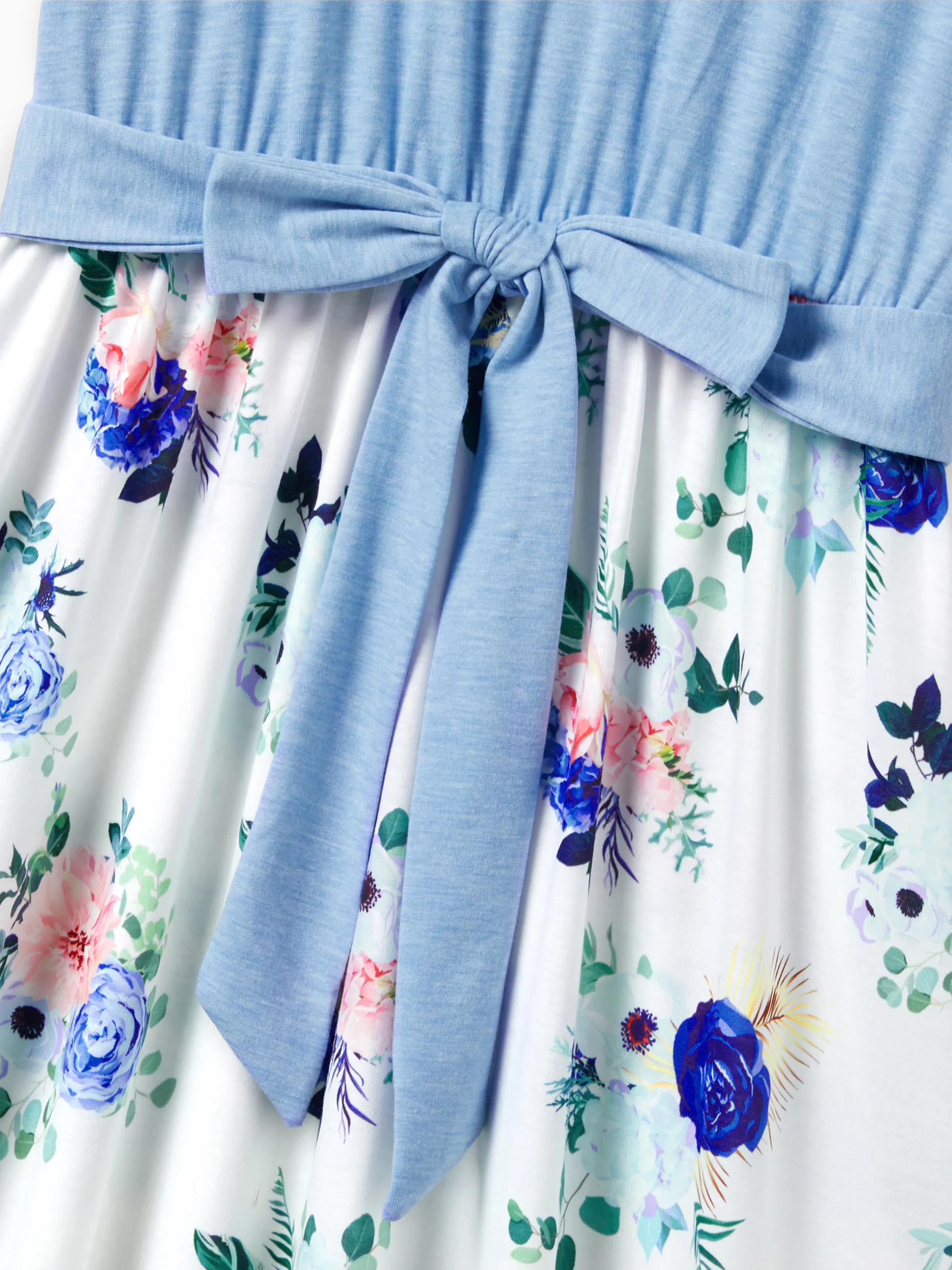 Family Matching Floral Colorblock T-Shirt and Quarter Button Belted Spliced A-Line Dress Sets lightskyblue - Image 7