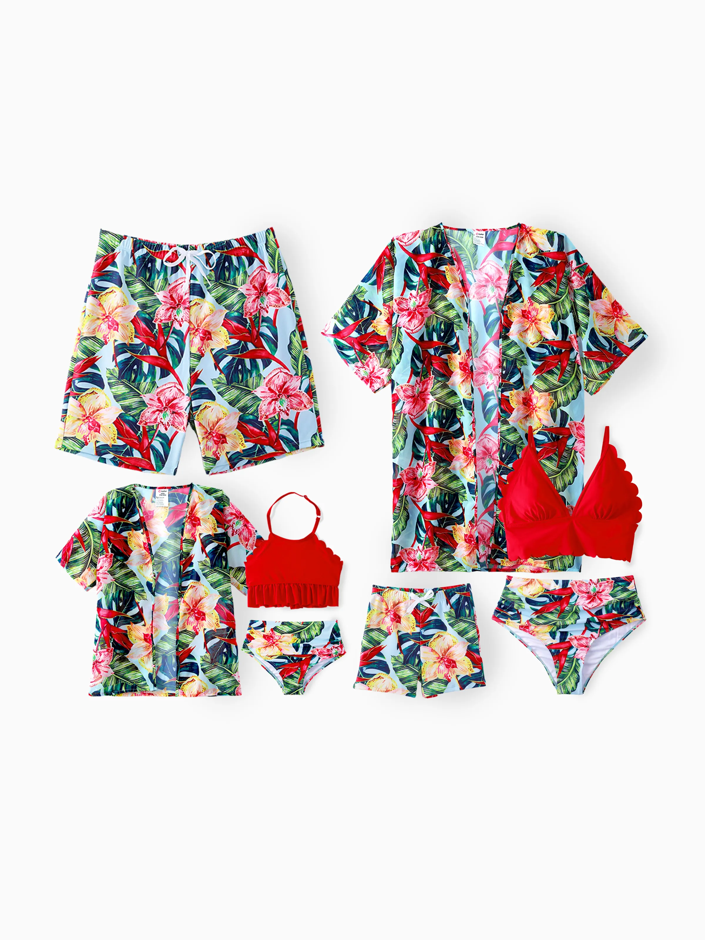 Family Matching Floral Drawstring Swim Trunks or Ruched Shell Edge Bikini with Optional Swim Cover Up Red