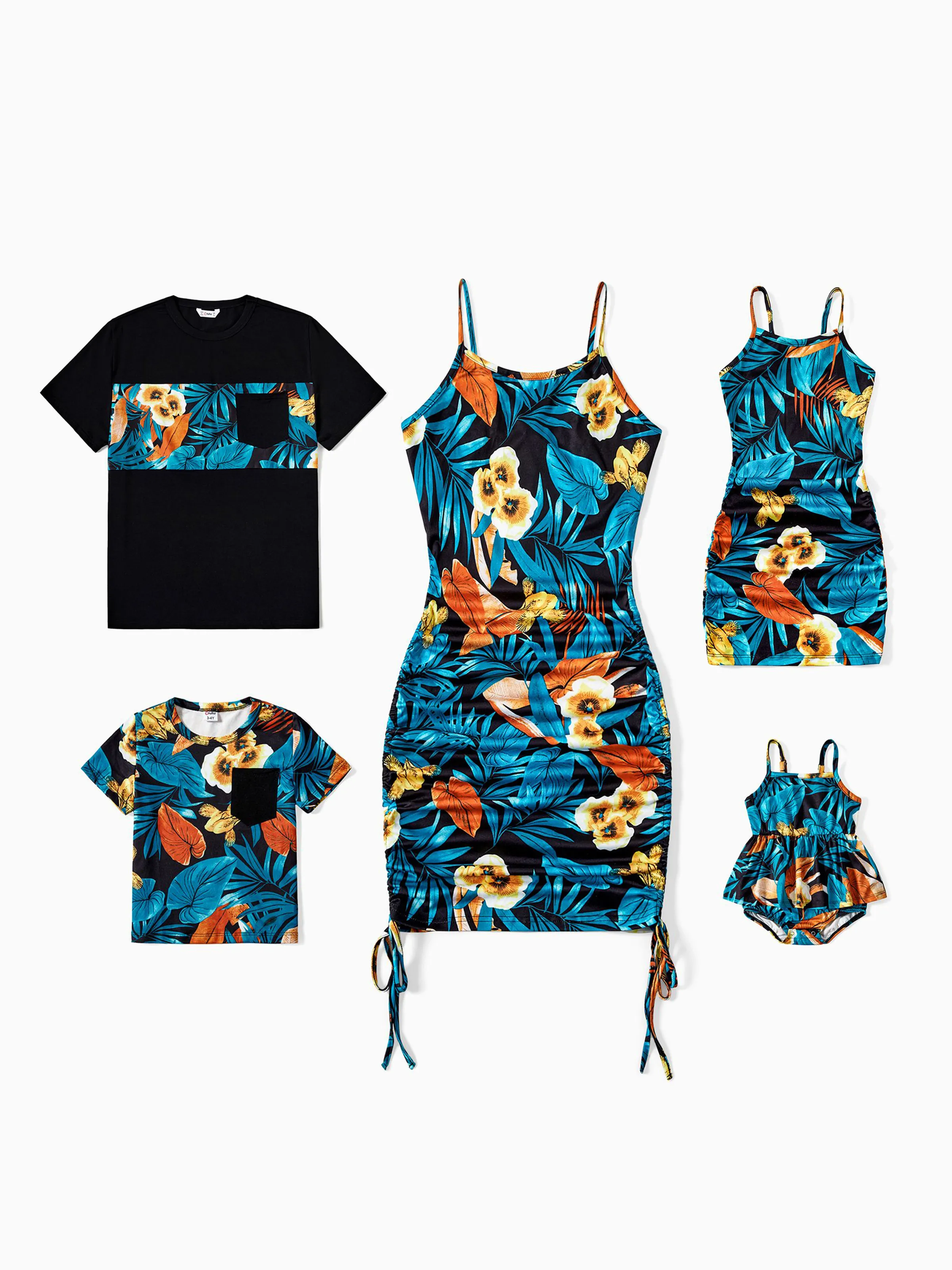 Family Matching Floral Panel T-shirt and Floral Ruched Drawstring Side Strap Dress Sets Black