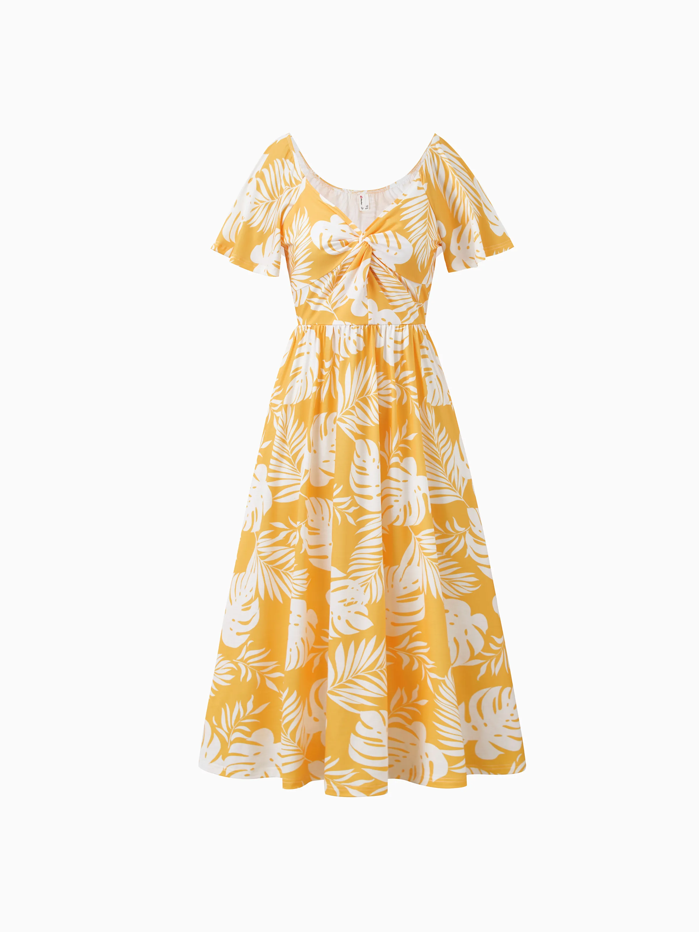 Family Matching Leaf Print  Flutter Dress or Short-sleeve Colorblock Shirts Yellow - Image 2