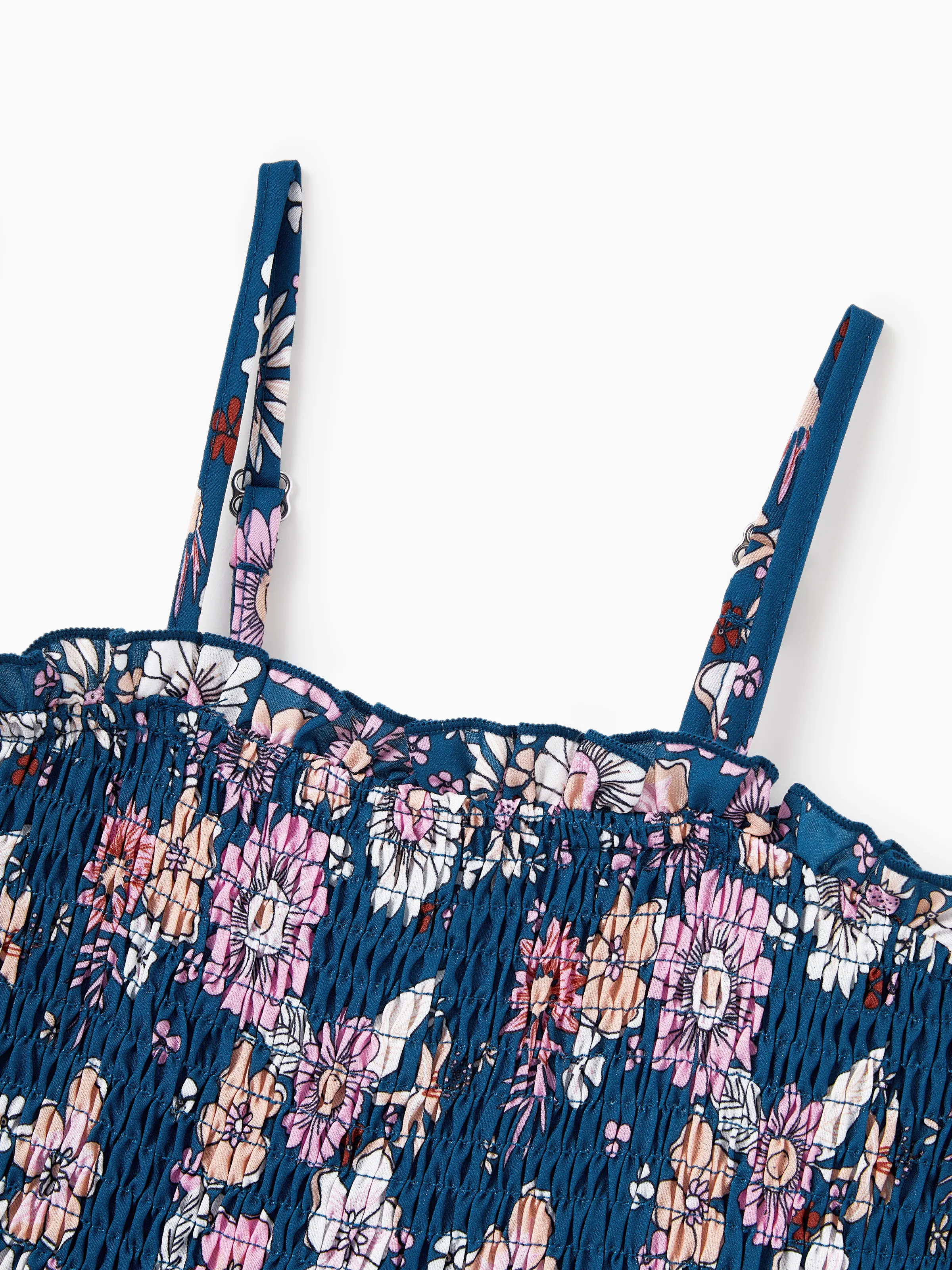 Family matching outfits Floral Allover Print Short-sleeve Collar Shirt or Halter Sleeveless Dress for Summer Vacation CYAN- - Image 9
