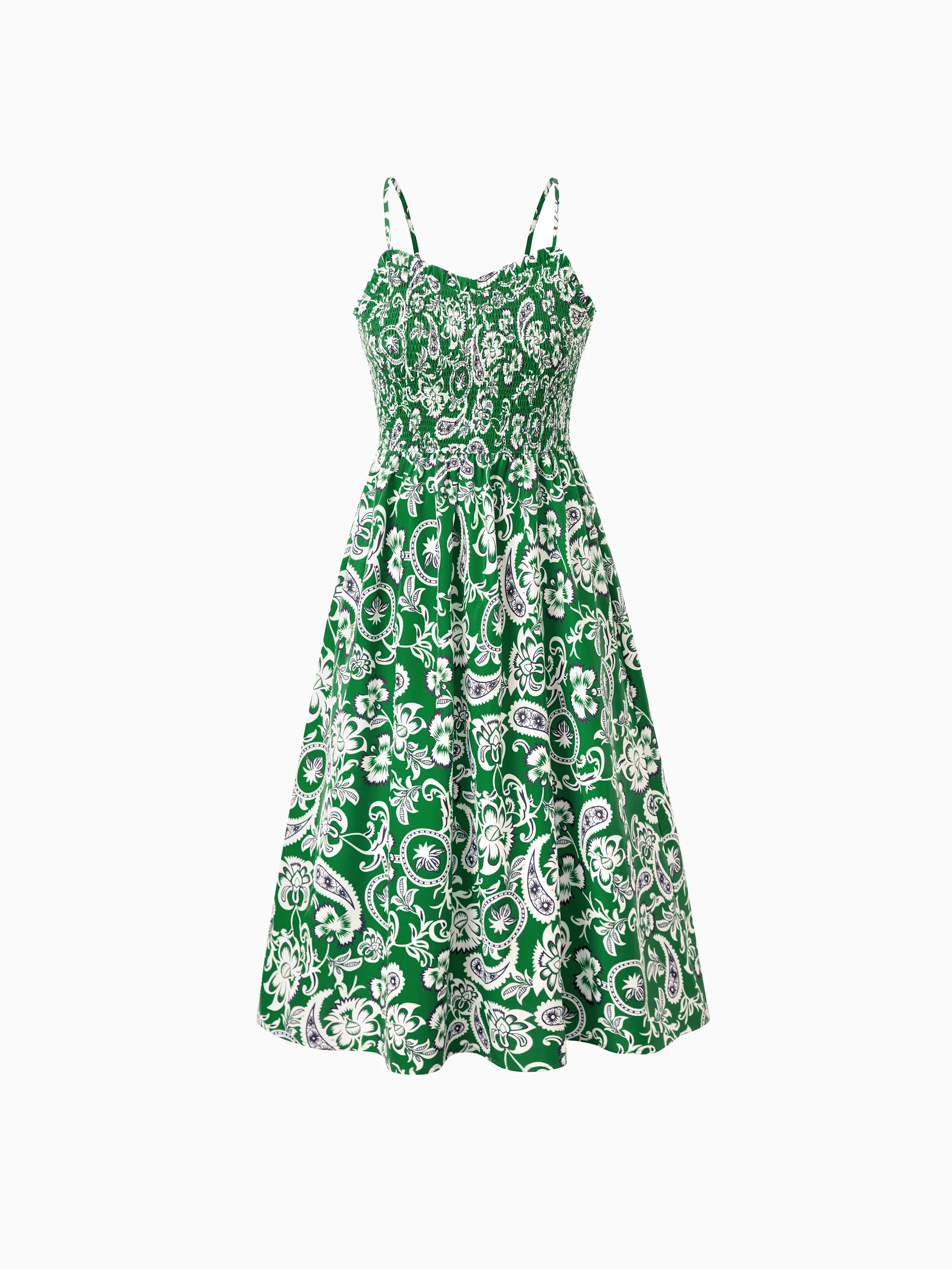 Family Matching Outfits Set Floral Print Short-sleeve Collar Shirt or Strappy Smocked Dress for Summer Vacation Green - Image 5