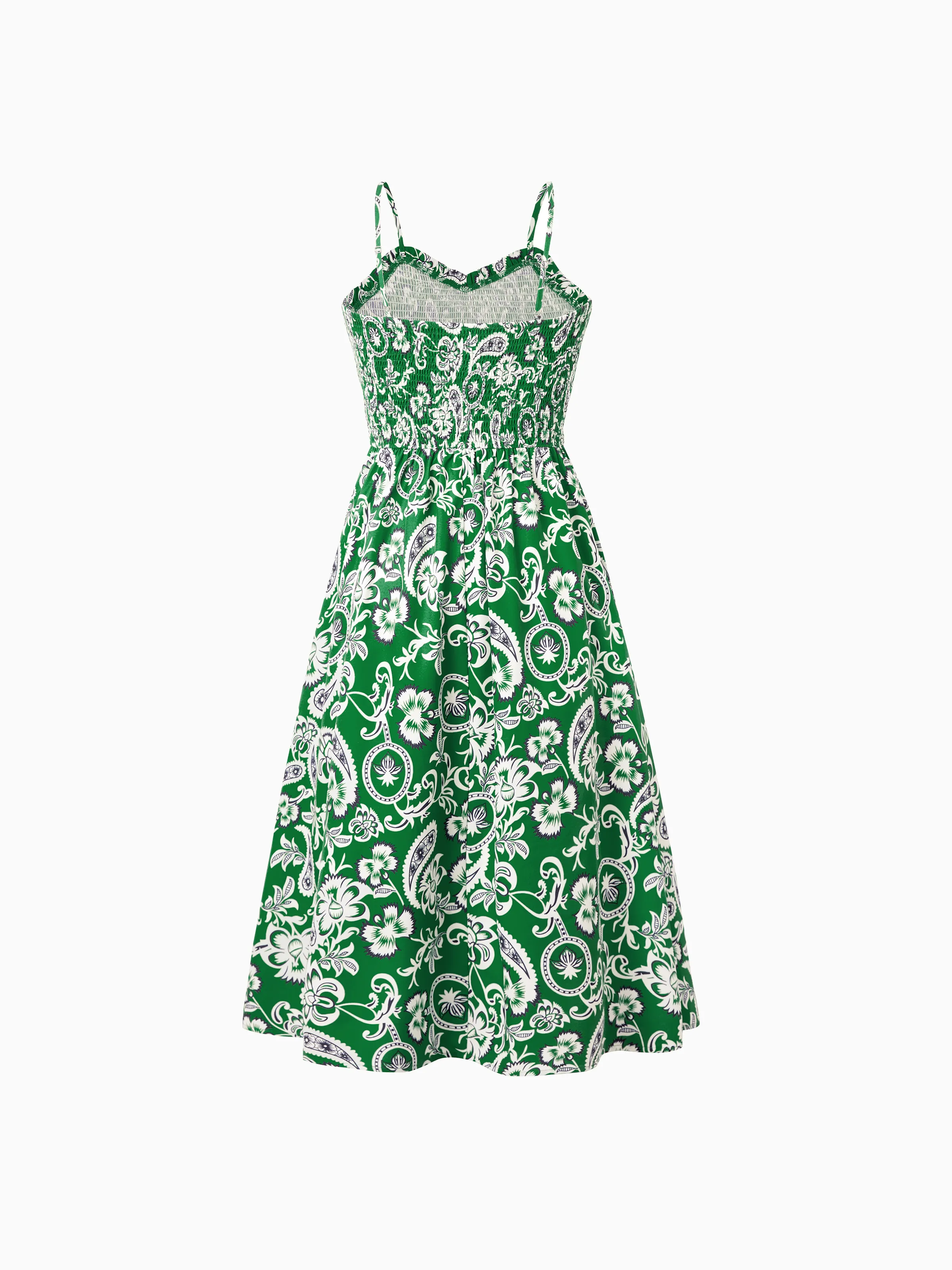 Family Matching Outfits Set Floral Print Short-sleeve Collar Shirt or Strappy Smocked Dress for Summer Vacation Green - Image 6