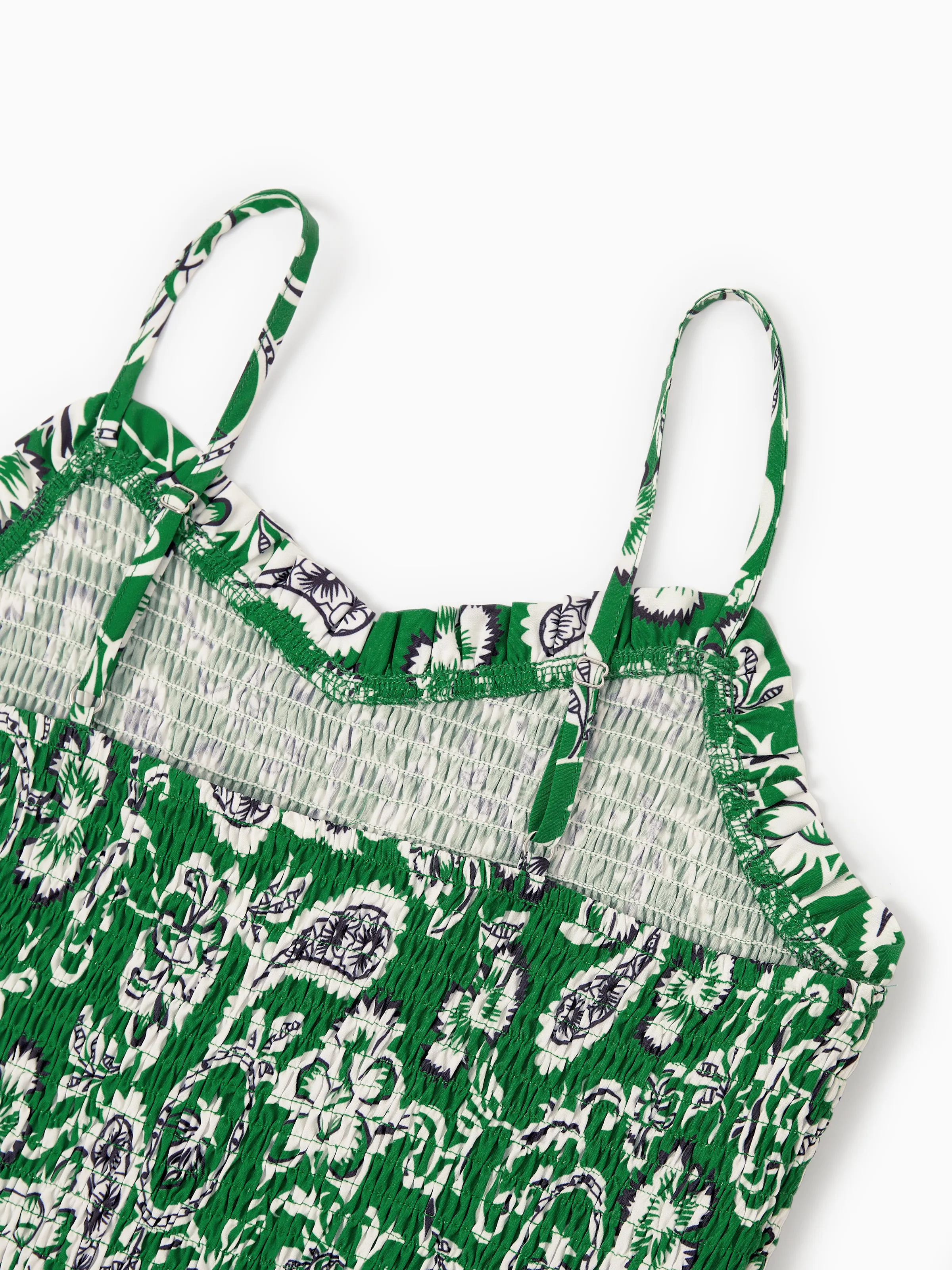 Family Matching Outfits Set Floral Print Short-sleeve Collar Shirt or Strappy Smocked Dress for Summer Vacation Green - Image 8