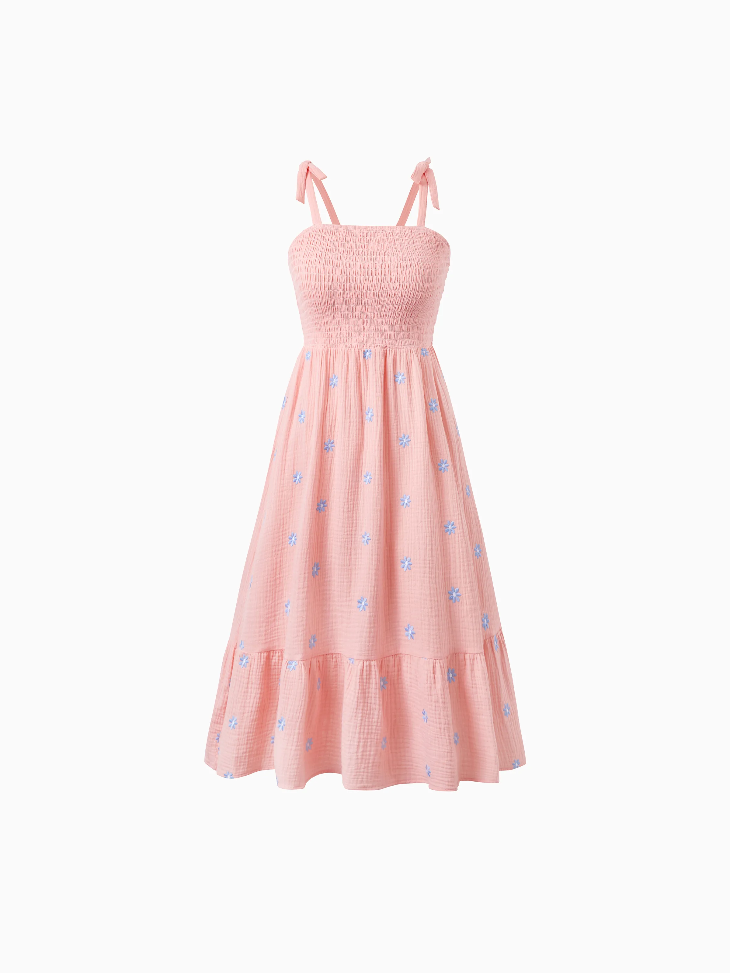 Family Matching Pink Outfits Flower Print Smocked Tie-Back Cotton Dress for Mom & Daughter, Solid Shirts for Dad & Son, Perfect for Summer Family Outings & Photos Mauve Pink - Image 3