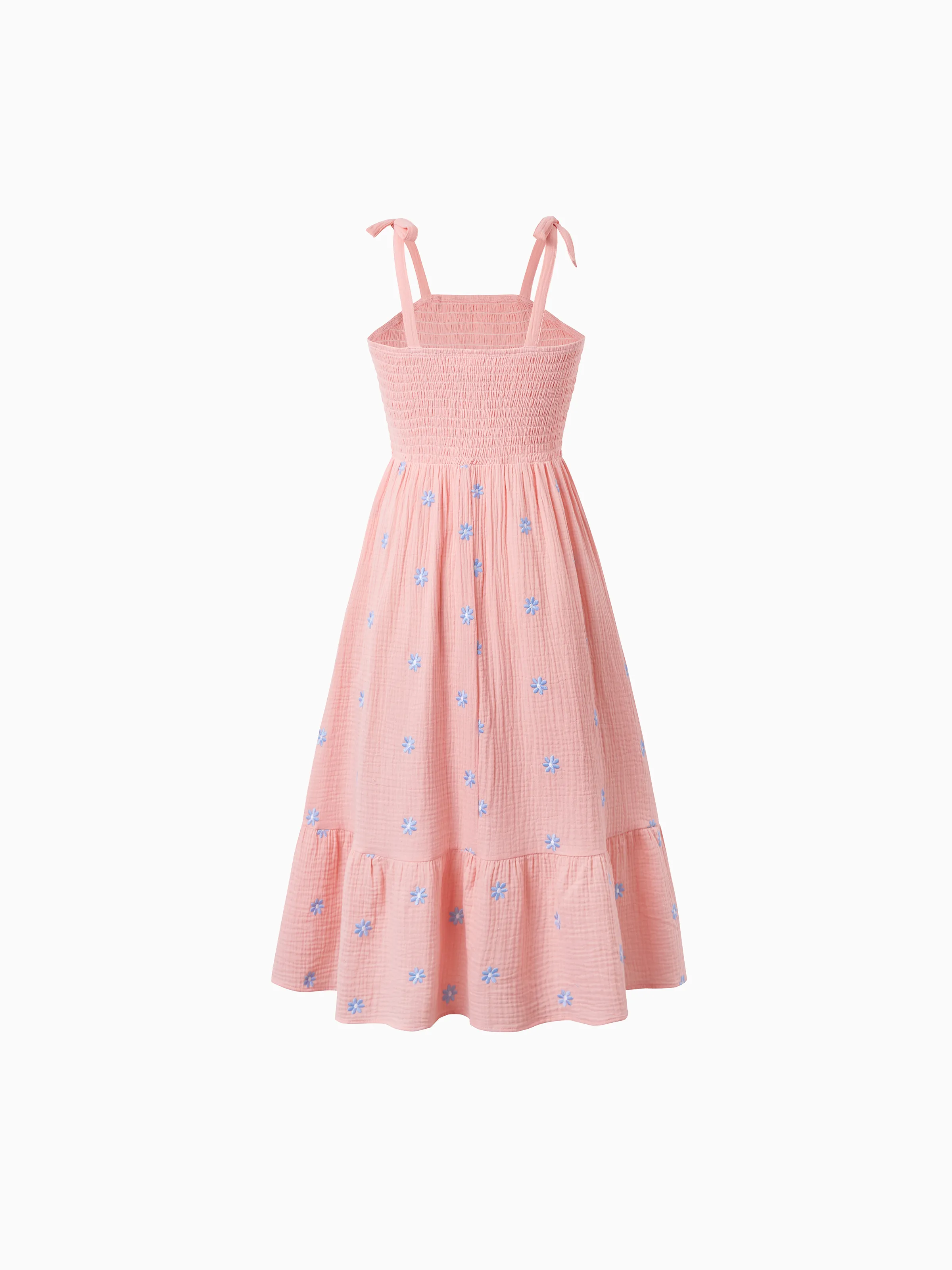Family Matching Pink Outfits Flower Print Smocked Tie-Back Cotton Dress for Mom & Daughter, Solid Shirts for Dad & Son, Perfect for Summer Family Outings & Photos Mauve Pink - Image 4