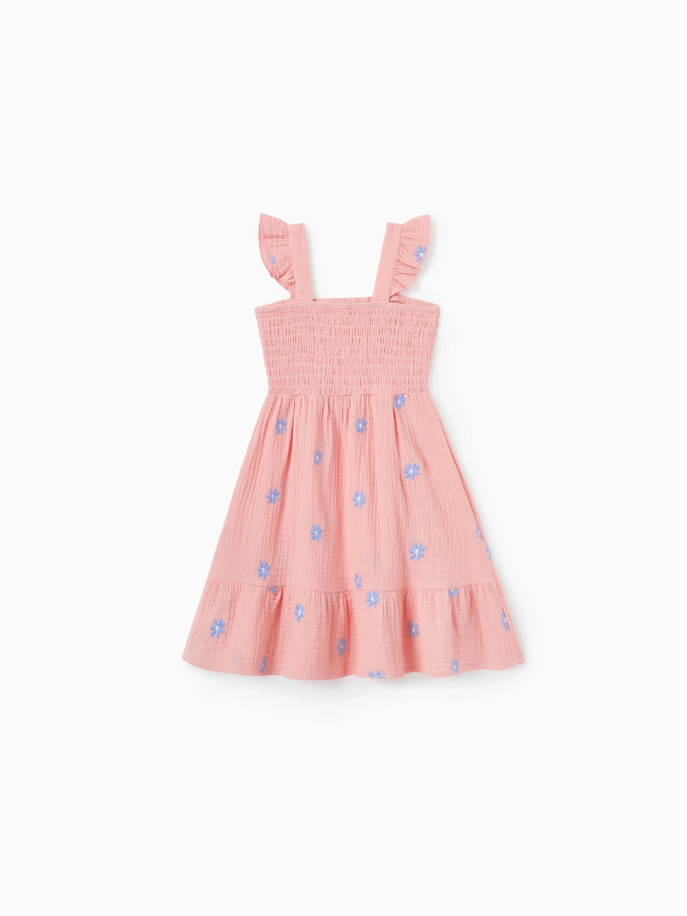 Family Matching Pink Outfits Flower Print Smocked Tie-Back Cotton Dress for Mom & Daughter, Solid Shirts for Dad & Son, Perfect for Summer Family Outings & Photos Mauve Pink - Image 9