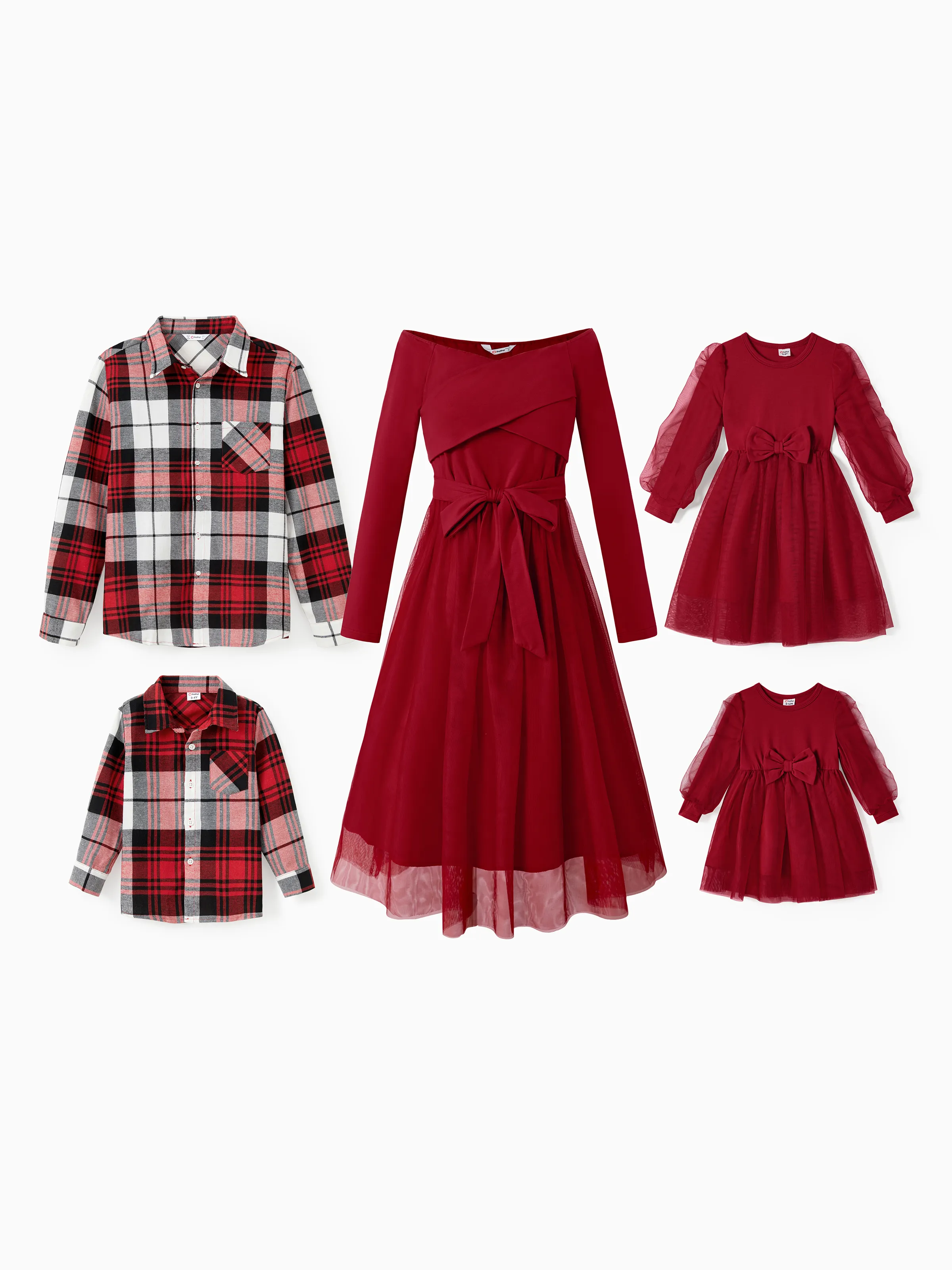 Family Matching Plaid Shirt Tops and Red Mesh Splice Belted Dresses Sets Burgundy - Image 2