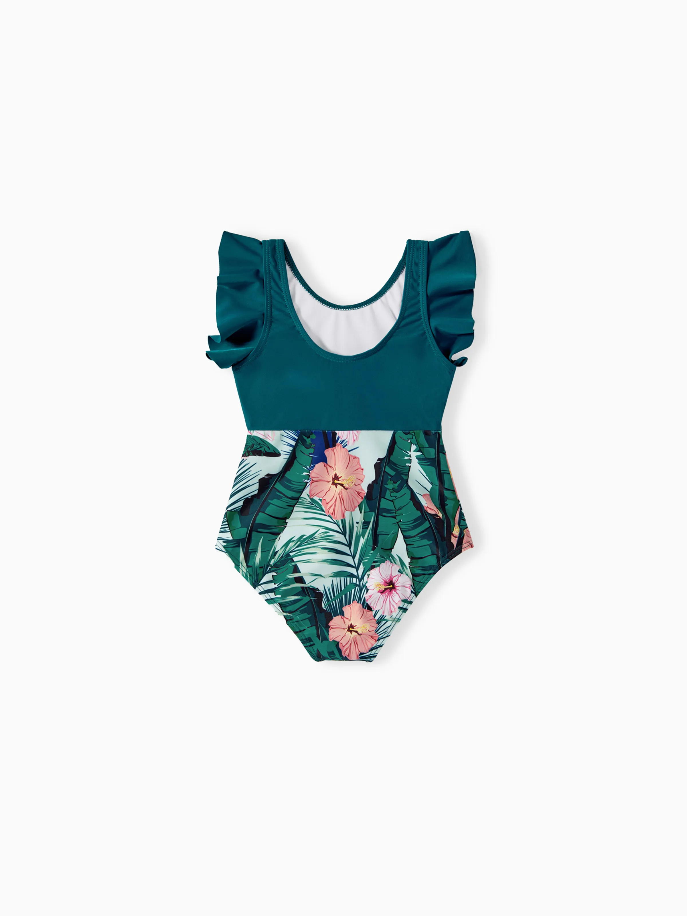 Family Matching Plant Print Ruffle Trim Spliced One-piece Swimsuit or Swim Trunks Green - Image 11
