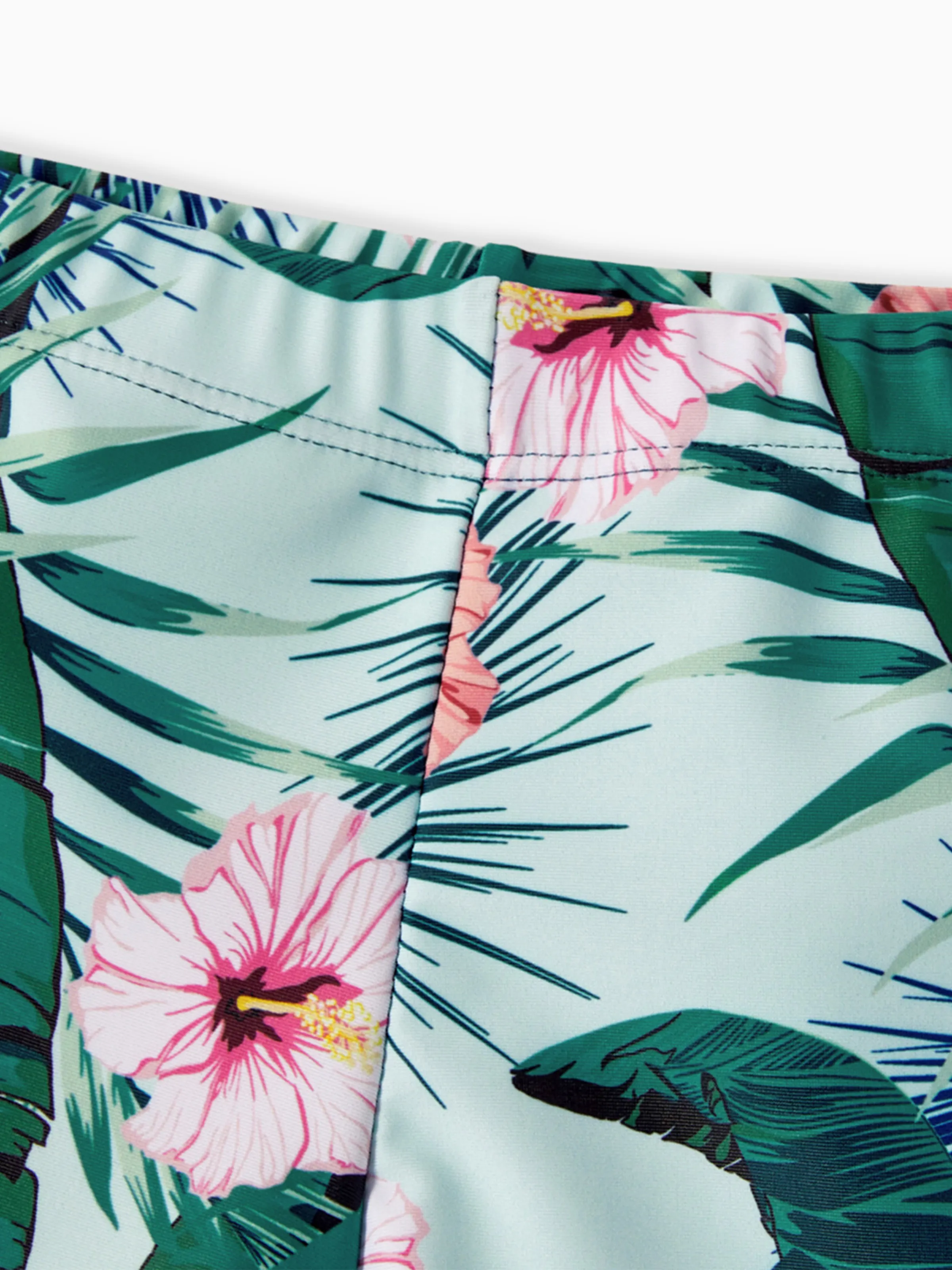 Family Matching Plant Print Ruffle Trim Spliced One-piece Swimsuit or Swim Trunks Green - Image 22