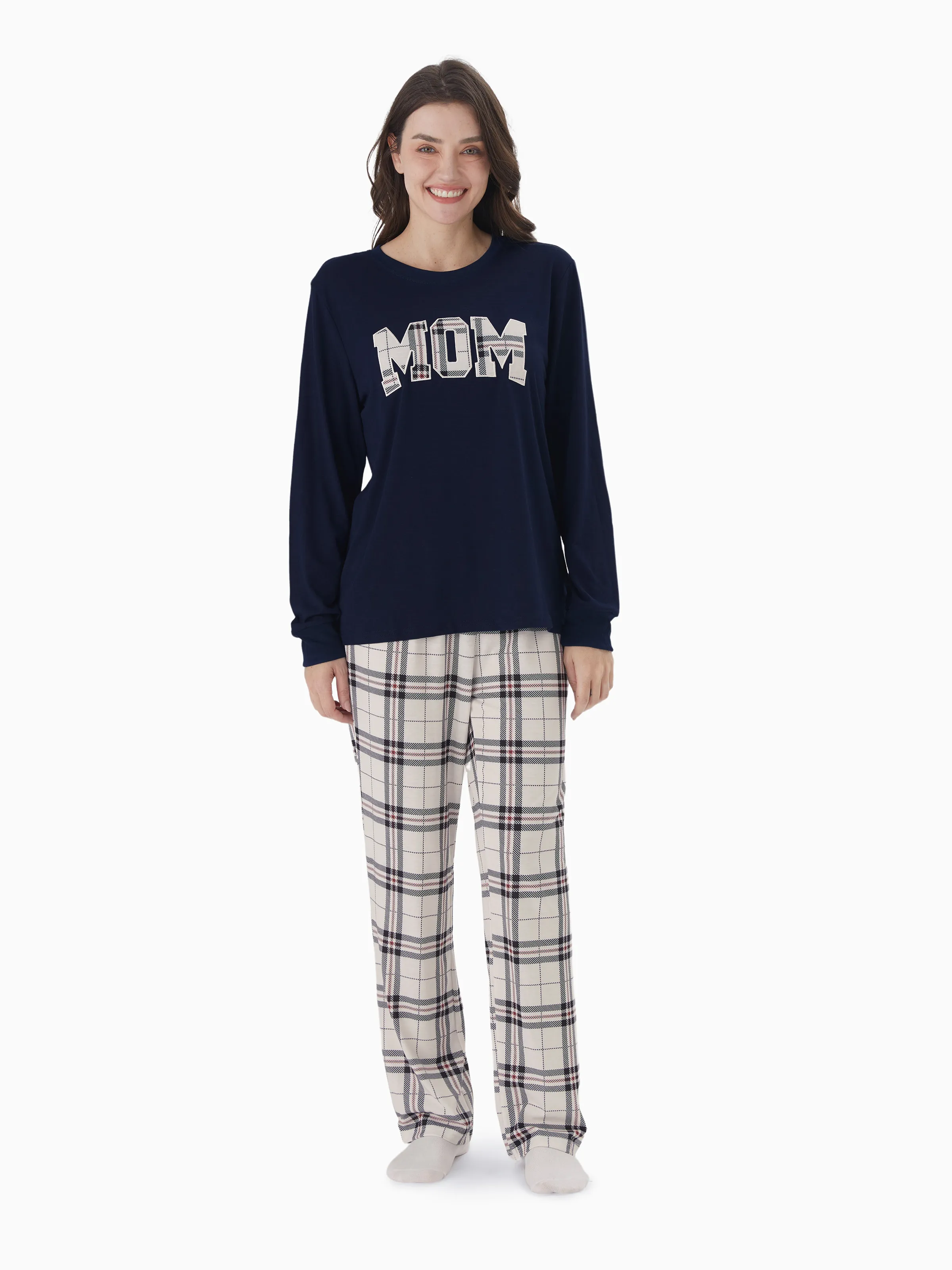 Family Matching School Grid Letter Print Patch Long Sleeve Pajamas Sets Blue - Image 2