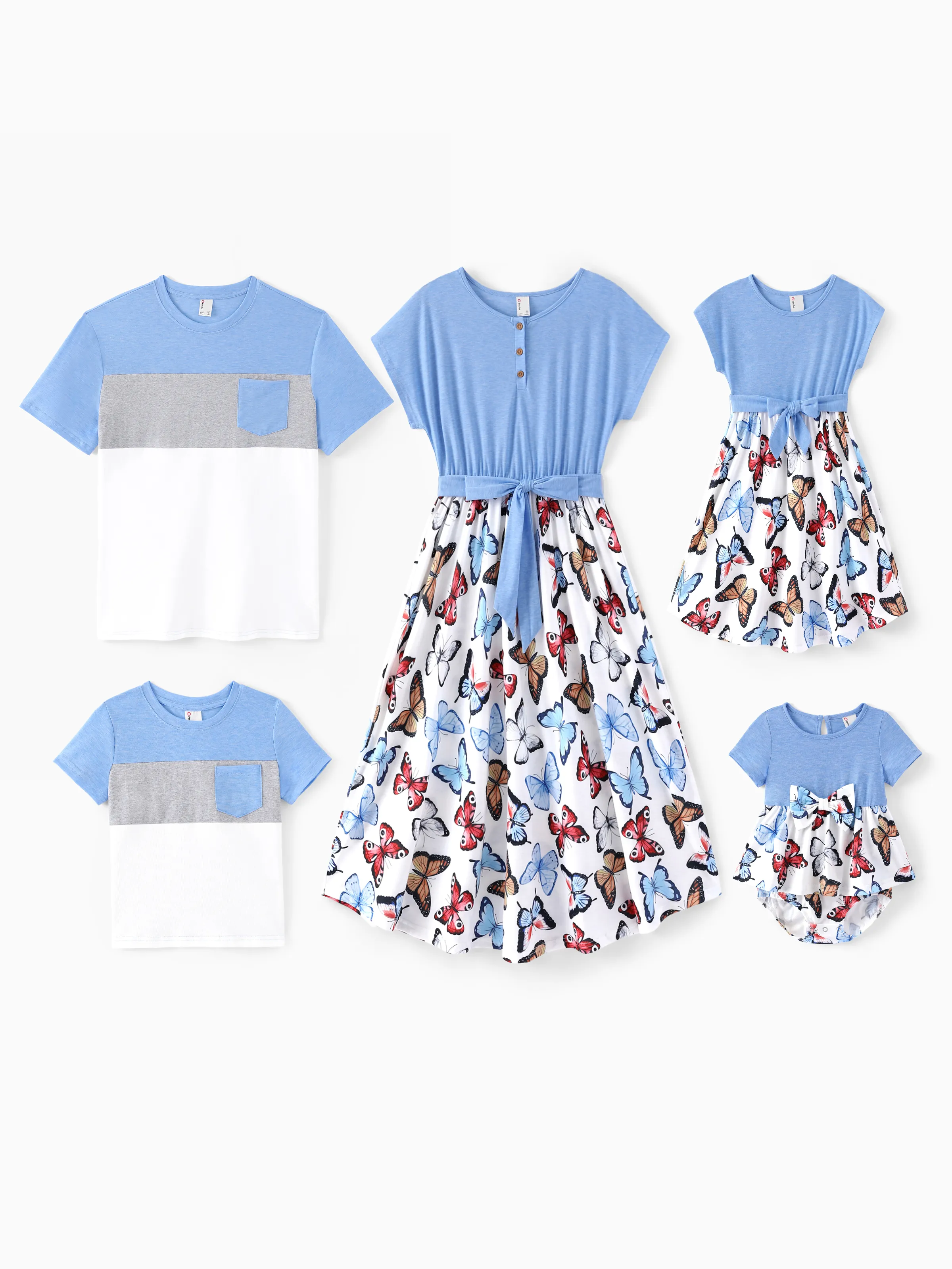 Family Matching Sets Butterfly Soft Casual Tee & Below Knee Dresses with Belted Design Blue Light Blue