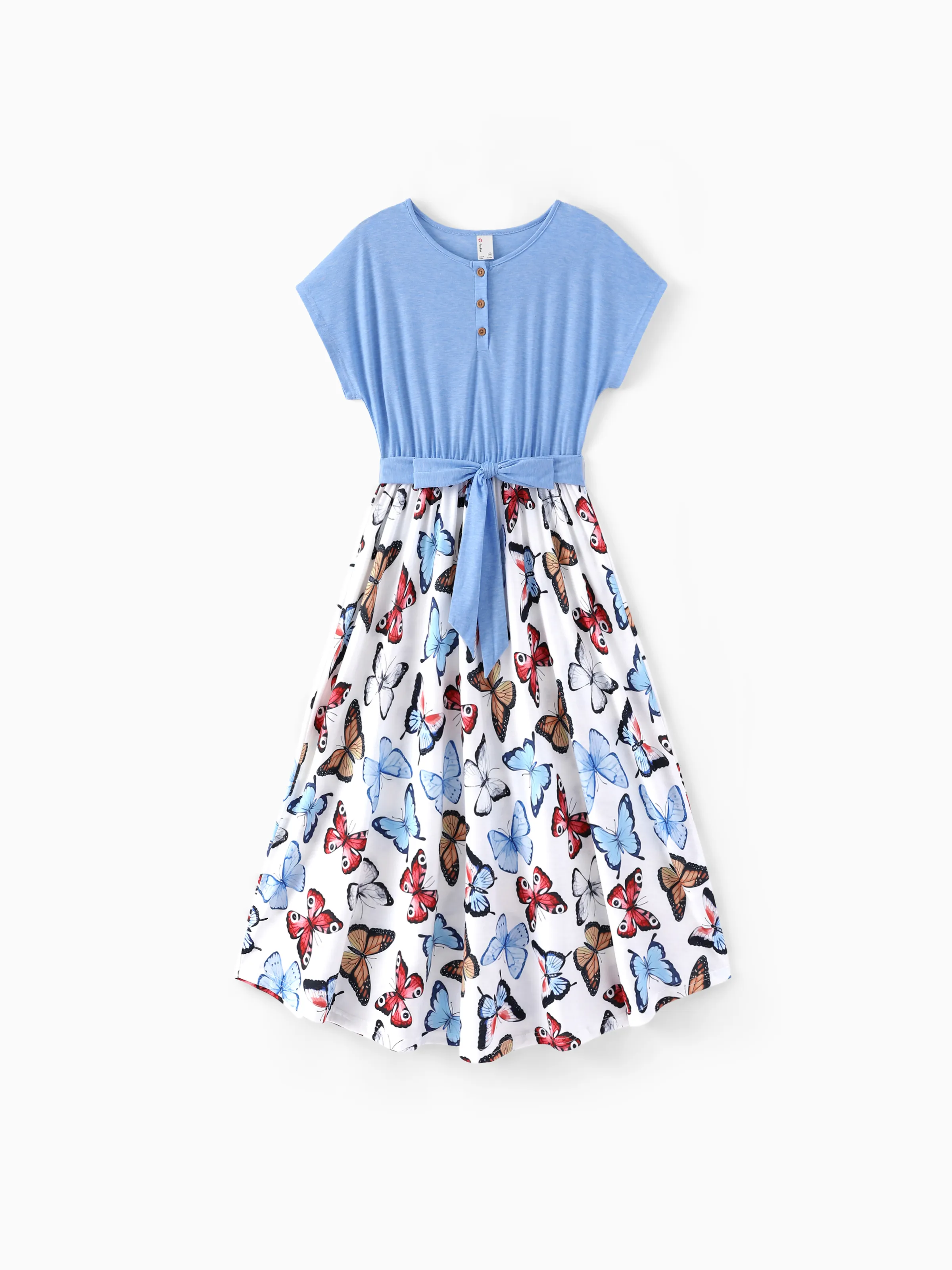 Family Matching Sets Butterfly Soft Casual Tee & Below Knee Dresses with Belted Design Blue Light Blue - Image 2