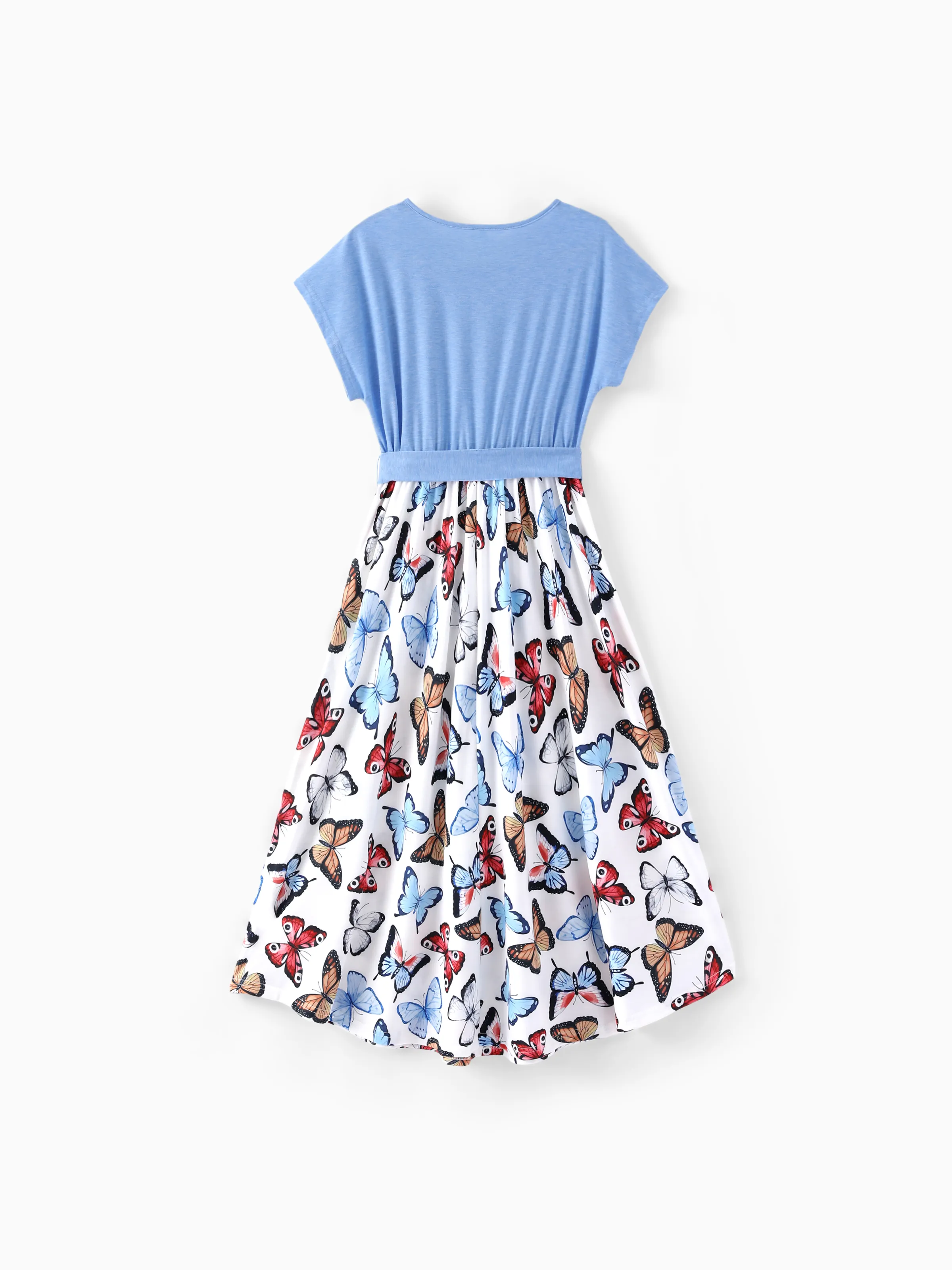 Family Matching Sets Butterfly Soft Casual Tee & Below Knee Dresses with Belted Design Blue Light Blue - Image 3