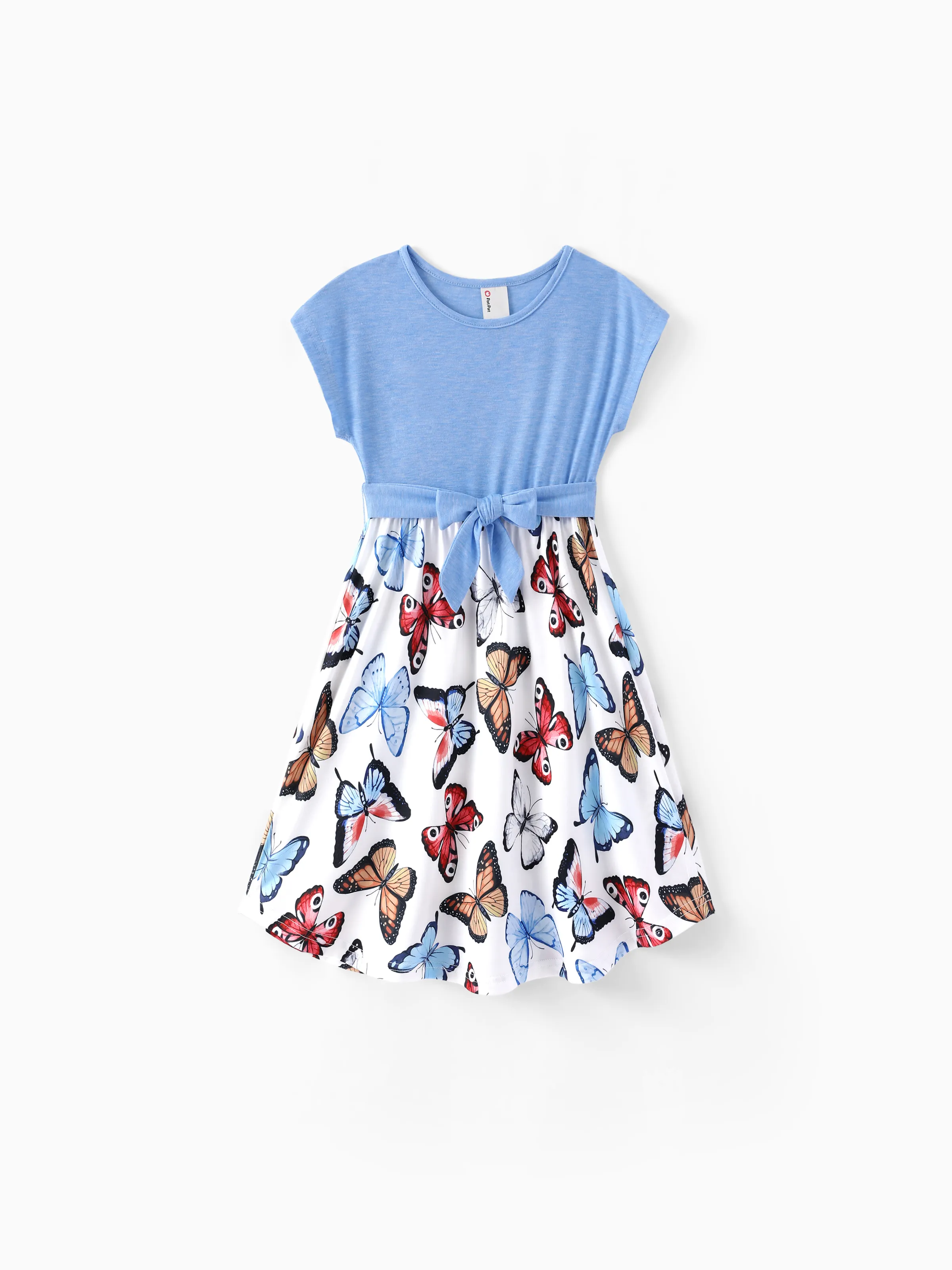 Family Matching Sets Butterfly Soft Casual Tee & Below Knee Dresses with Belted Design Blue Light Blue - Image 6