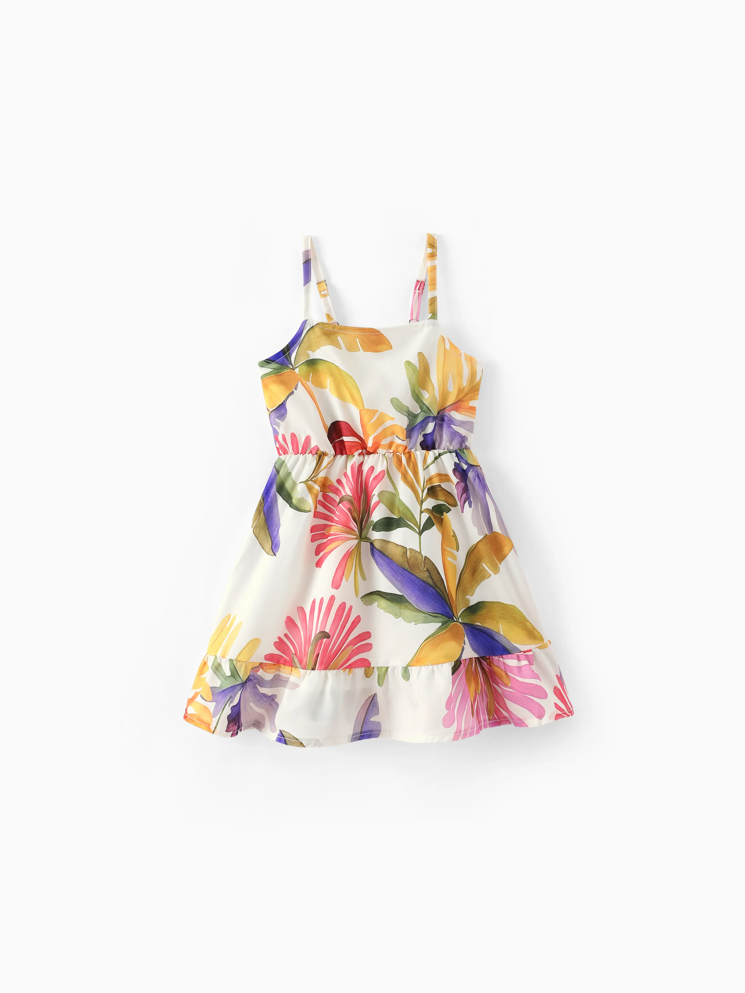 Family Matching Sets Tropical Floral V-Neck Dress & Short Sleeve Tee with Adjustable Straps Deep White Apricot - Image 10