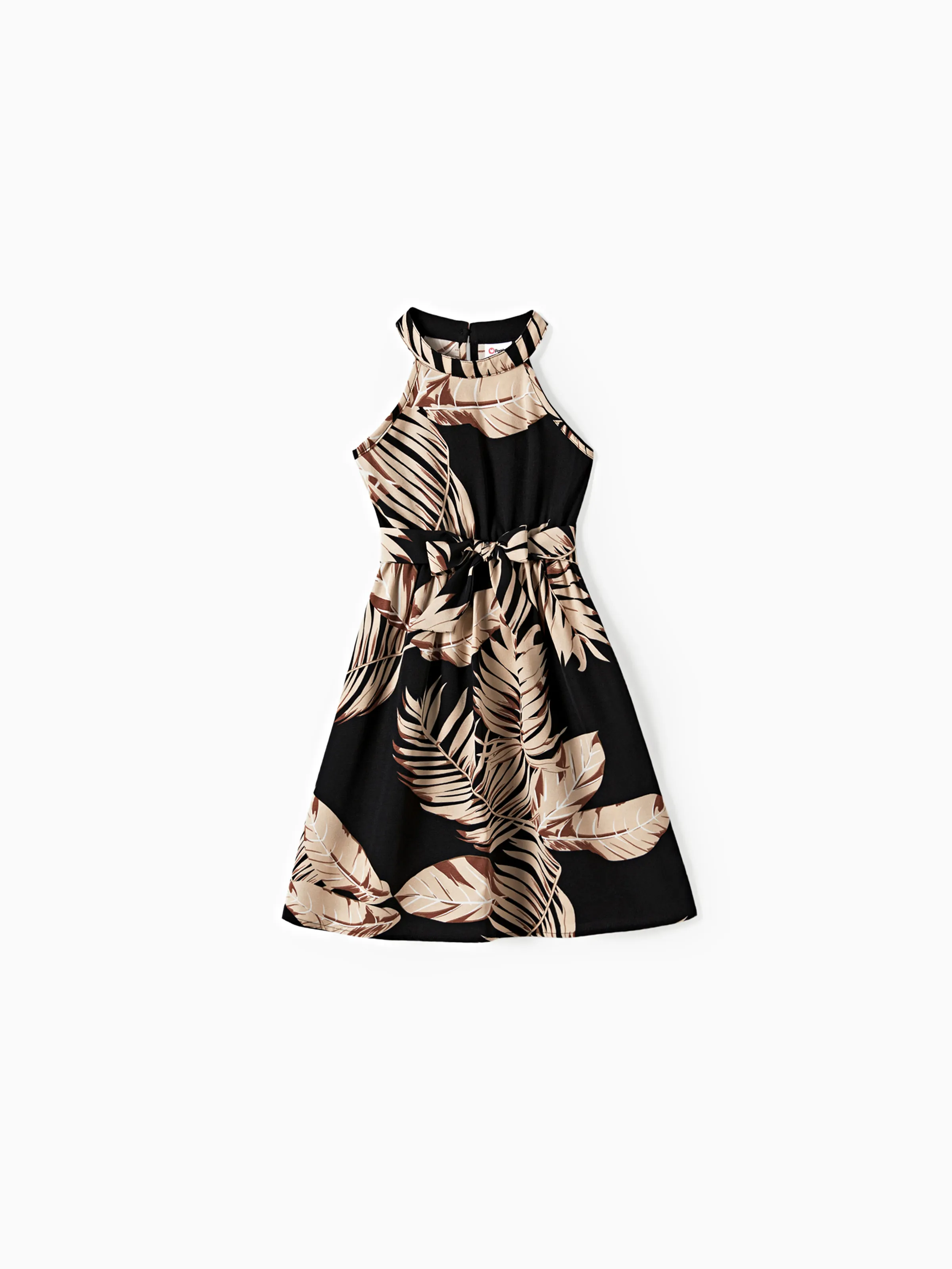 Family Matching Solid Leaf Sleeveless Halter Dresses And Short Sleeve Tops Sets Black - Image 7