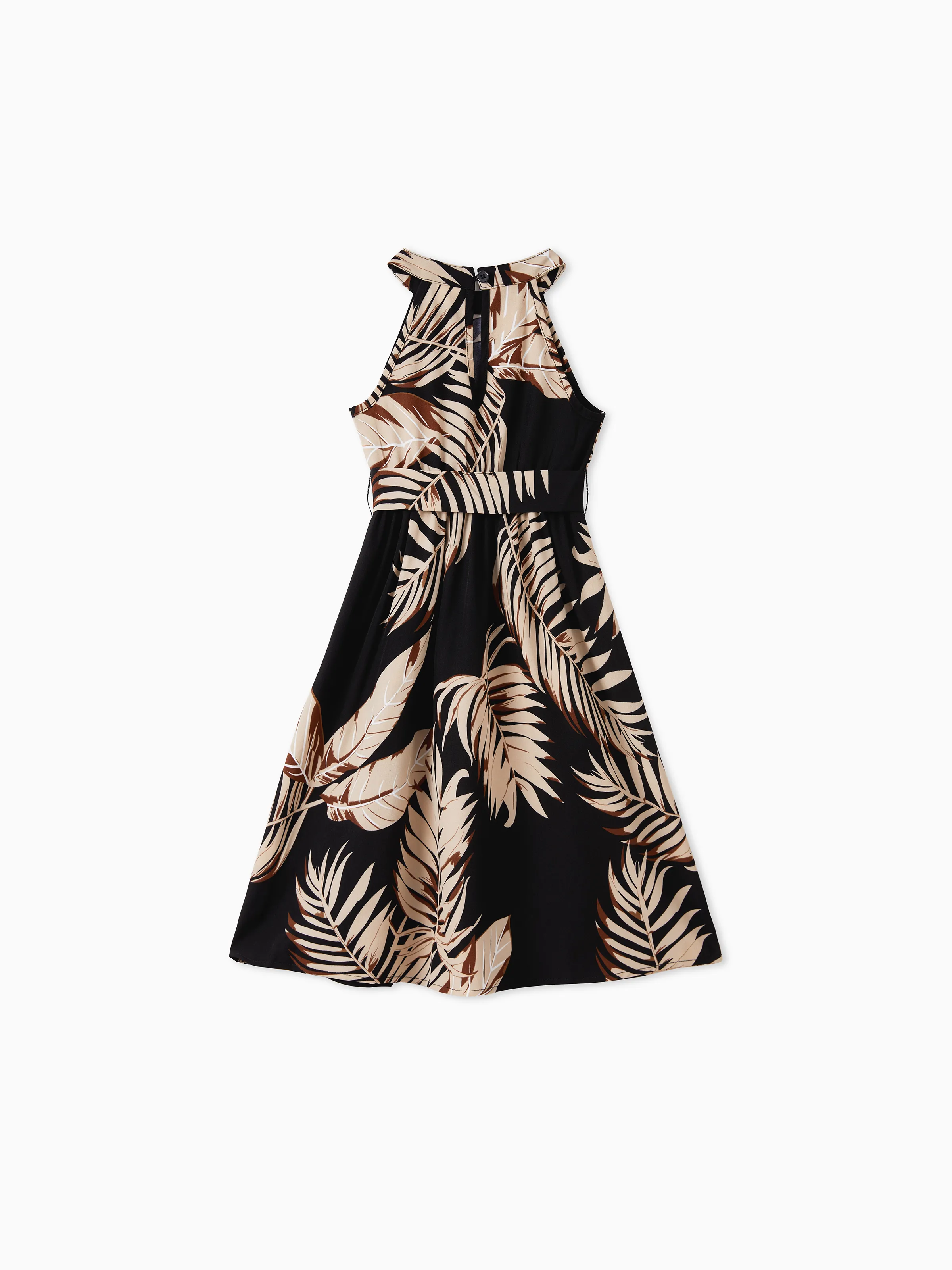 Family Matching Solid Leaf Sleeveless Halter Dresses And Short Sleeve Tops Sets Black - Image 8