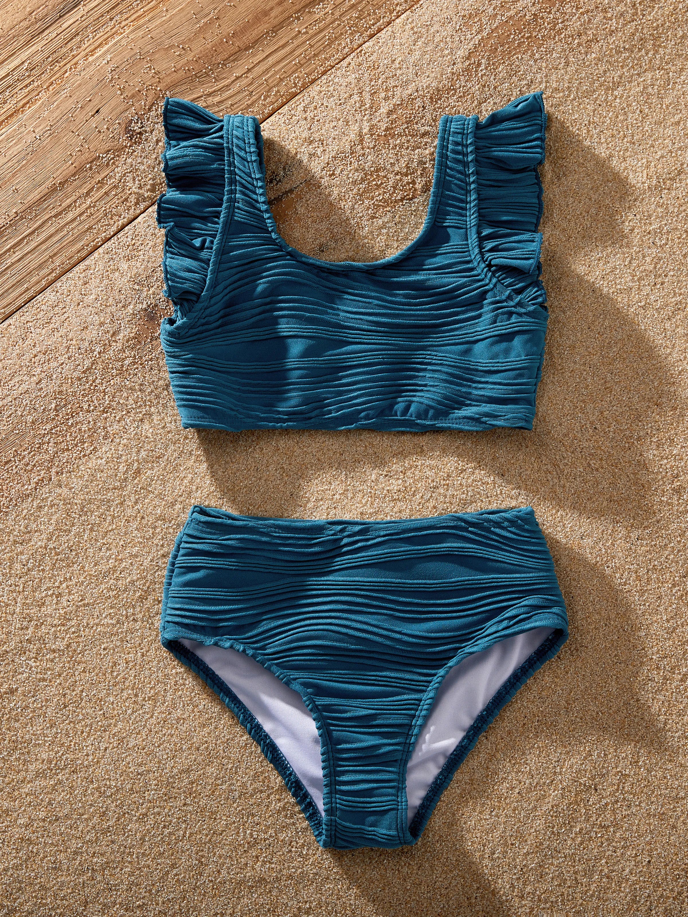Family Matching Teal Striped Swimsuits Ruched Bikini & Swim Trunks Set Multi-color - Image 8