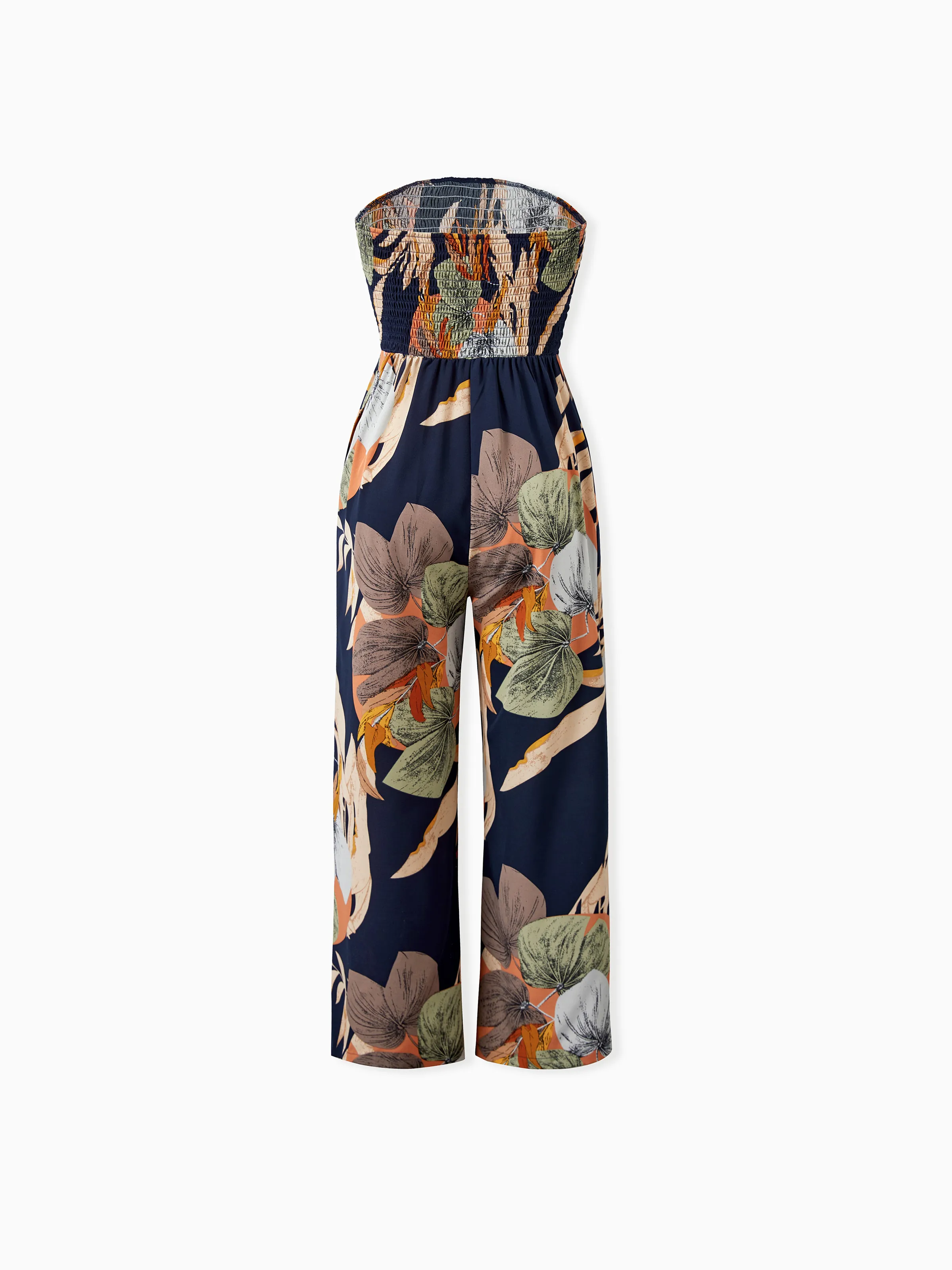 Family Matching Tropical Floral Print Smocked Top Strap Wide-Leg Jumpsuits for Mommy and Me Deep Blue - Image 4