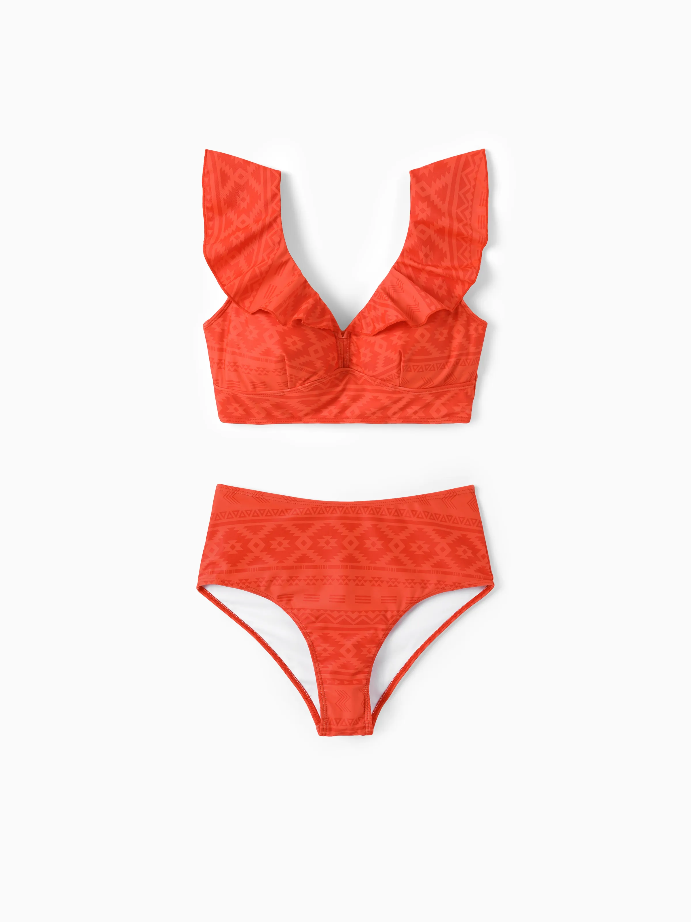 Family Matching Tropical Floral Print Swim Trunk or Ruffle Trim Bikini with Optional Beach Cover-Up Dress Orange - Image 2