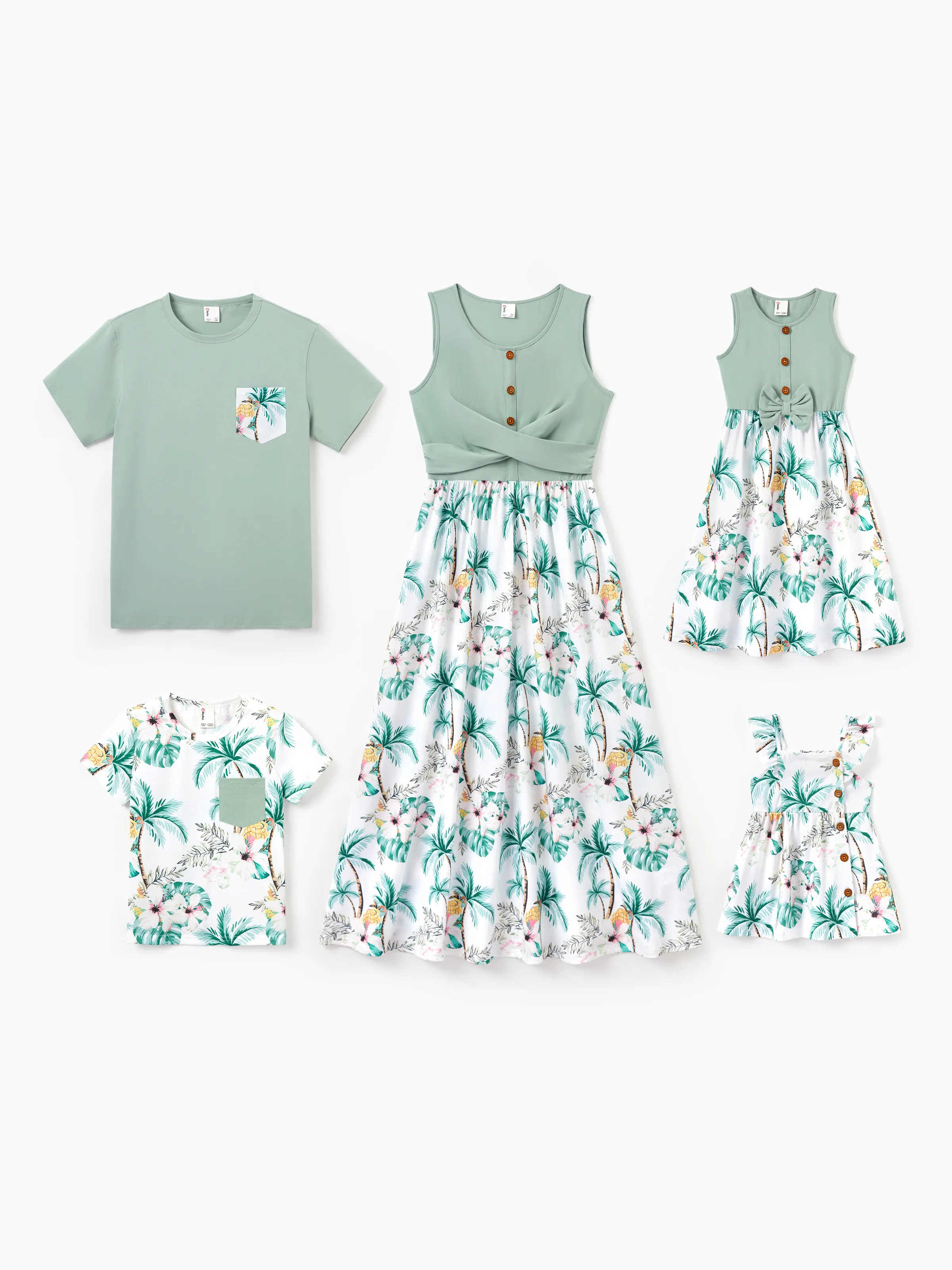 Family Matching Tropical Print Outfits Mommy & Me Tank Dress & Dad/Kids Cotton T-Shirt Set
Green - Image 2