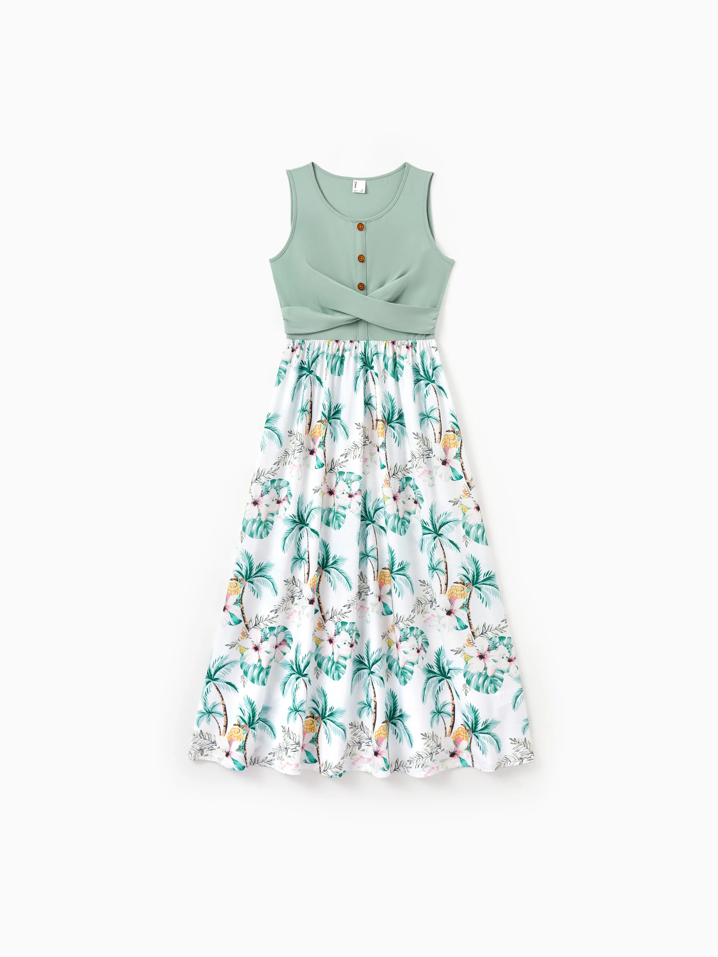 Family Matching Tropical Print Outfits Mommy & Me Tank Dress & Dad/Kids Cotton T-Shirt Set
Green - Image 5