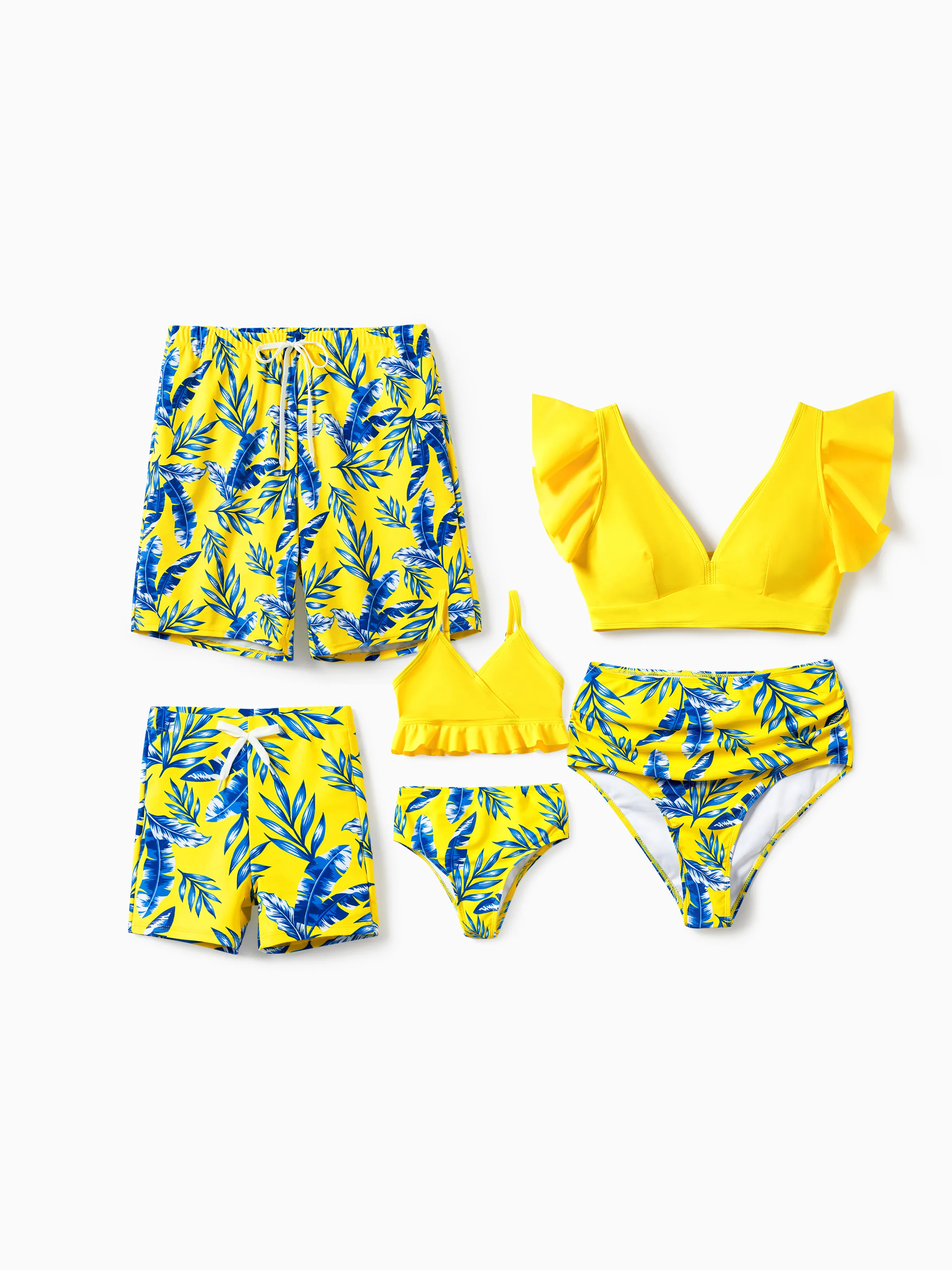 Family Matching Yellow Leaf Print Swim Trunks or Ruched Flutter Sleeve Bikini with Optional Swim Cover Up Yellow - Image 18