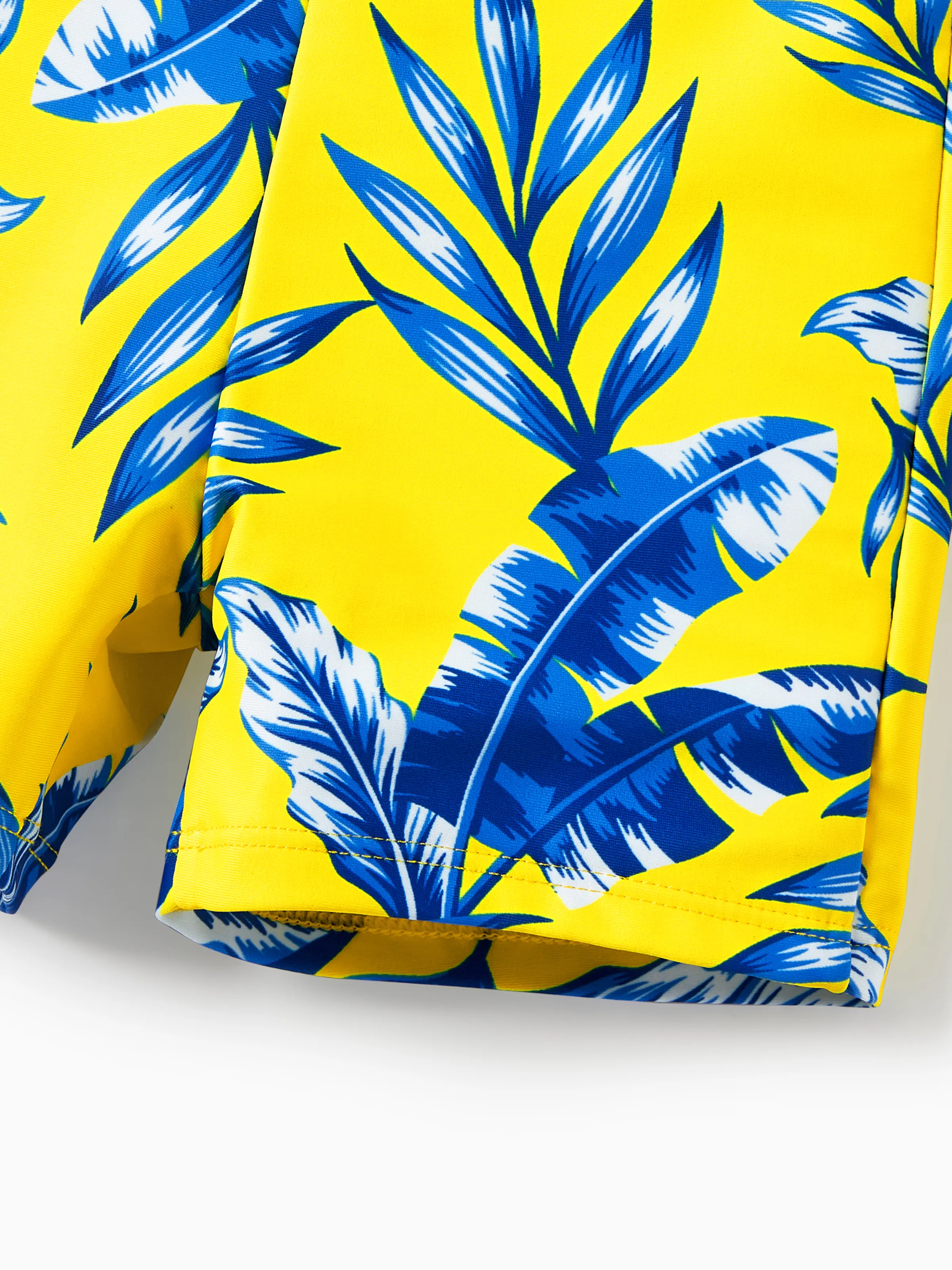 Family Matching Yellow Leaf Print Swim Trunks or Ruched Flutter Sleeve Bikini with Optional Swim Cover Up Yellow - Image 20