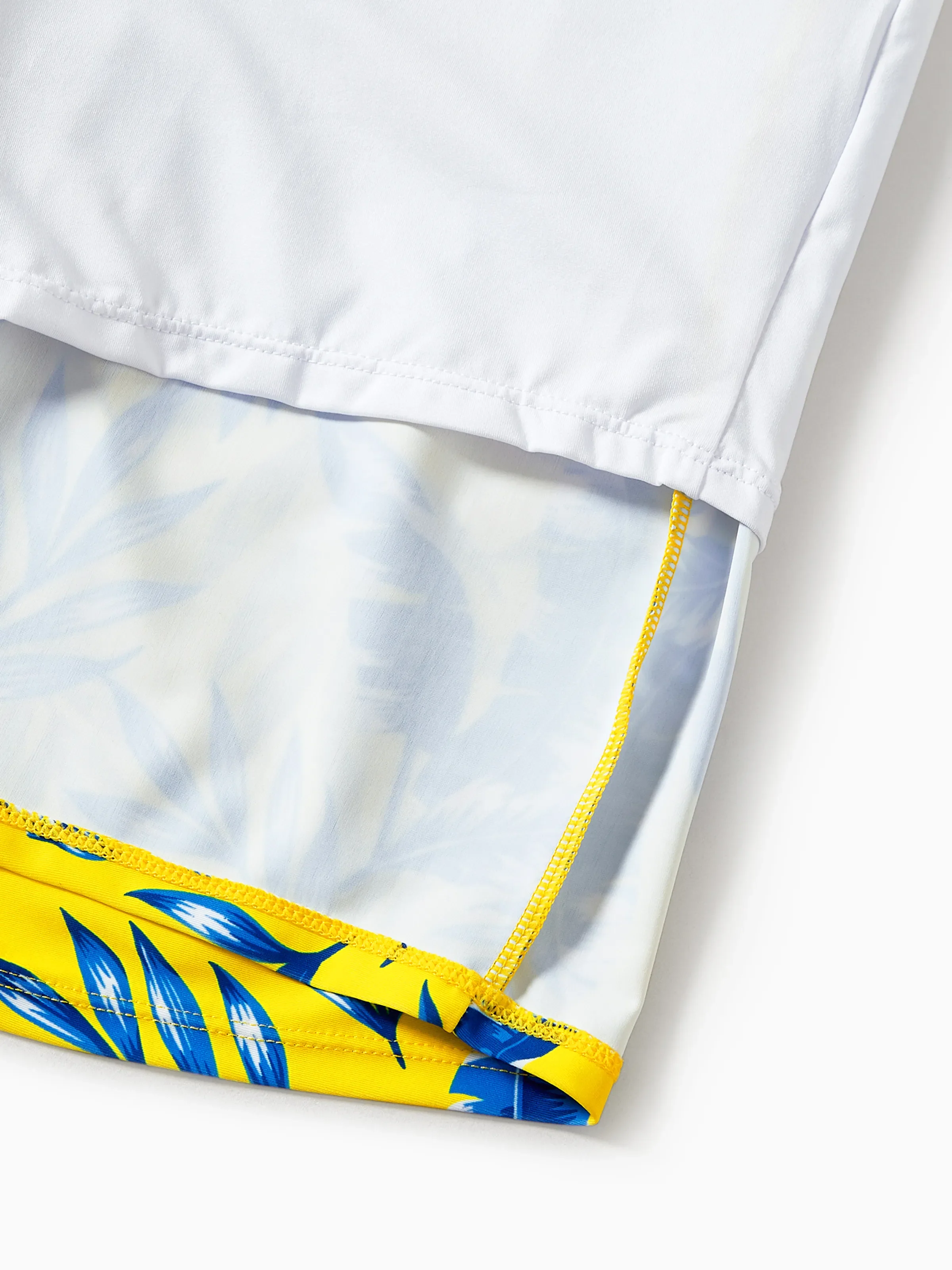 Family Matching Yellow Leaf Print Swim Trunks or Ruched Flutter Sleeve Bikini with Optional Swim Cover Up Yellow - Image 25