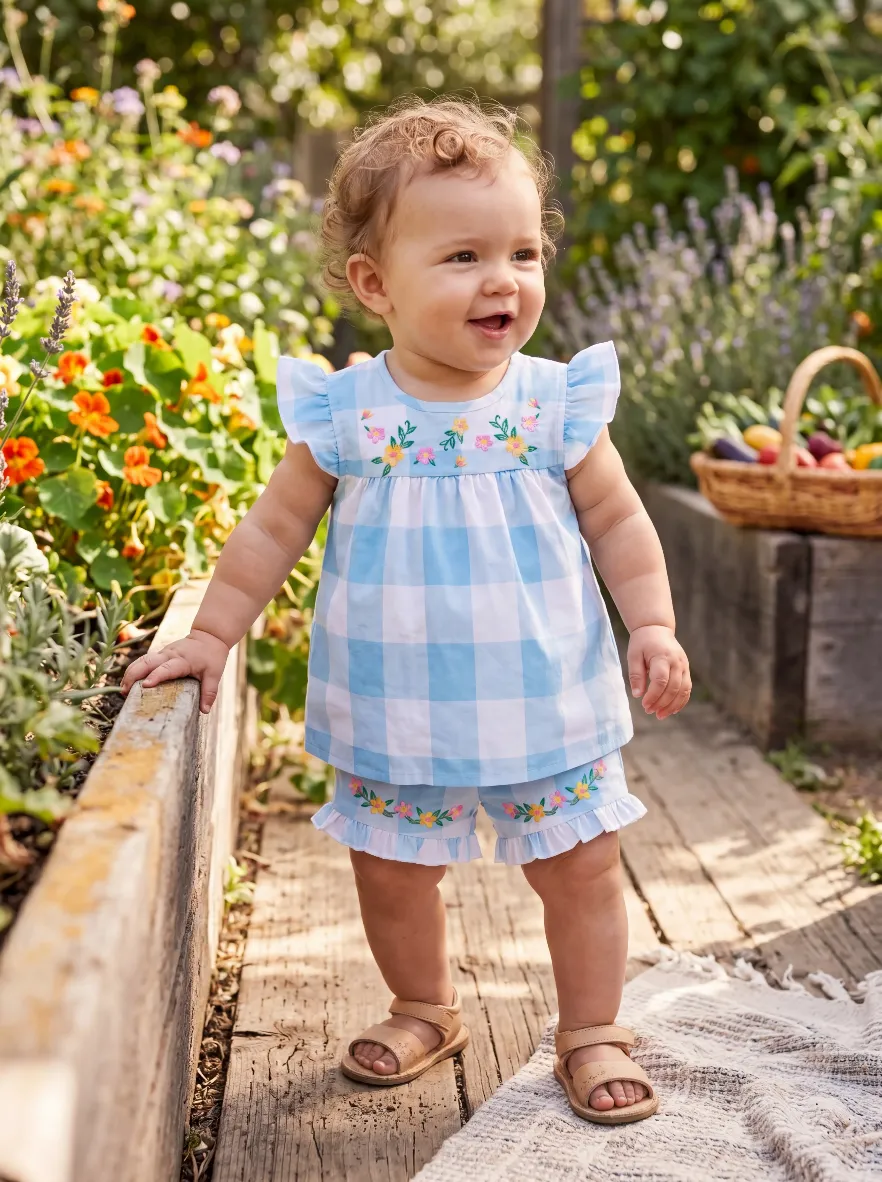 Fresh Market Baby Girl Gingham Floral Top & Shorts Set Light Blue - Image 2