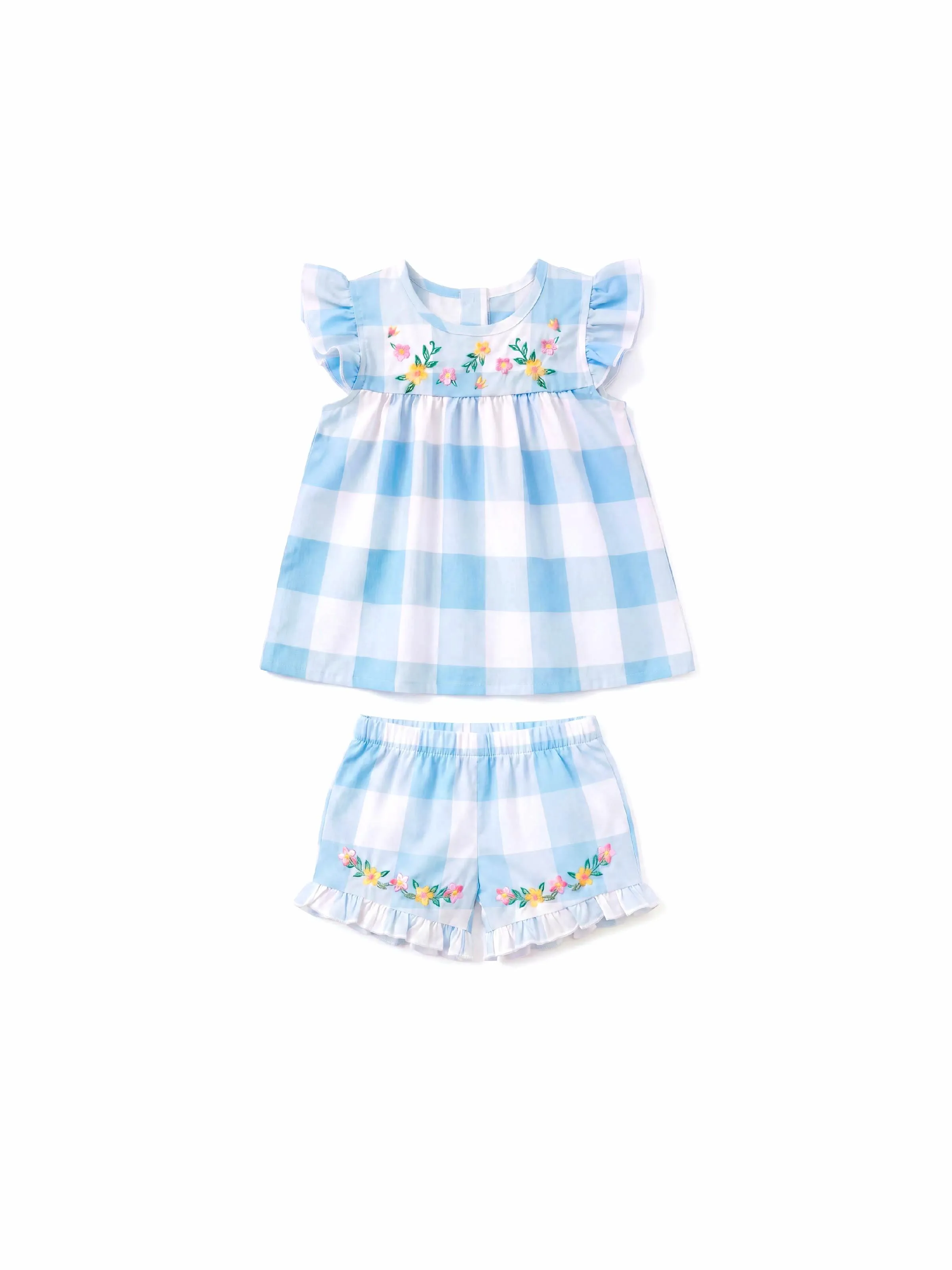 Fresh Market Baby Girl Gingham Floral Top & Shorts Set Light Blue - Image 3