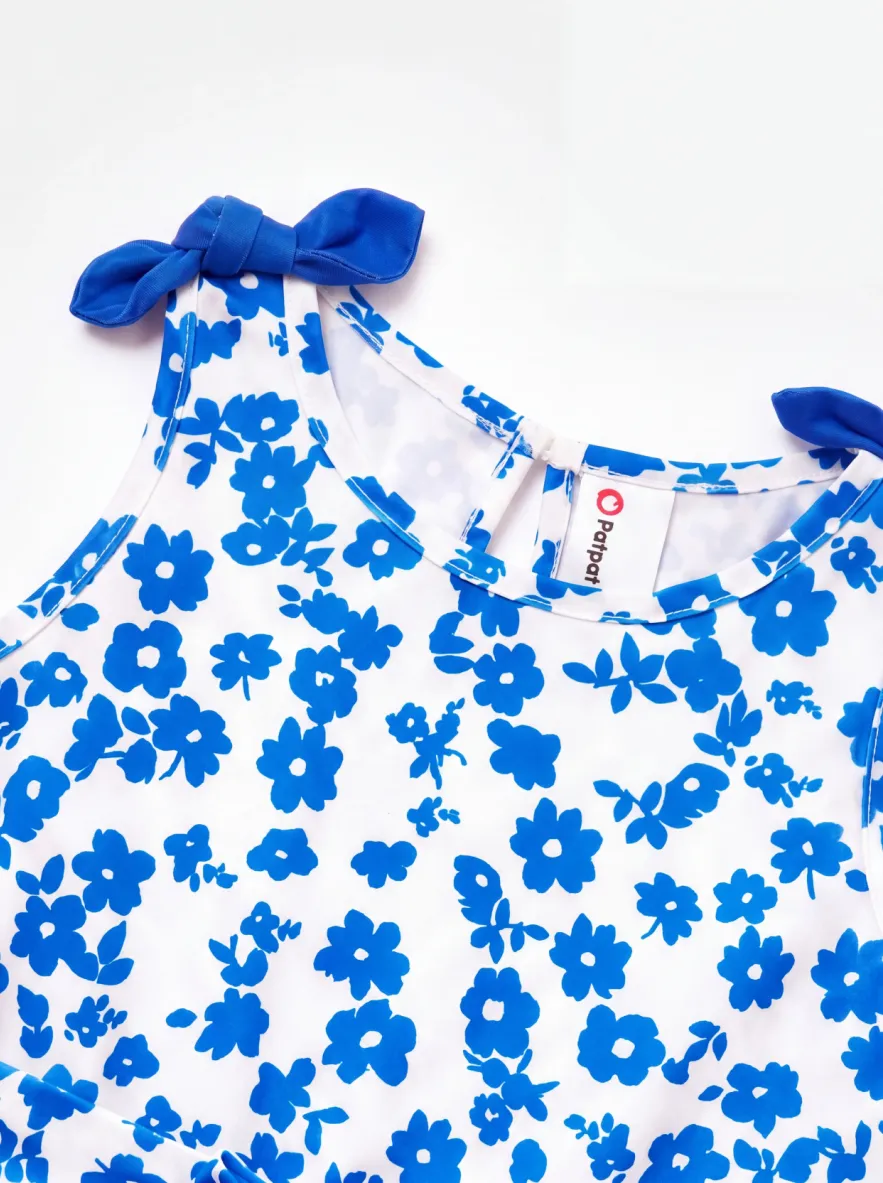 Fresh Market Toddler Girl Floral Bow Tie Romper Blue - Image 4