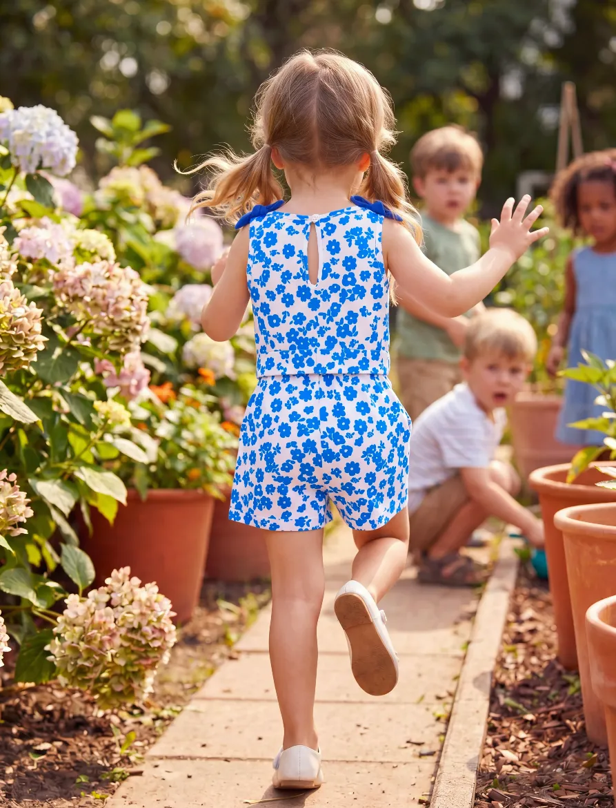 Fresh Market Toddler Girl Floral Bow Tie Romper Blue - Image 6