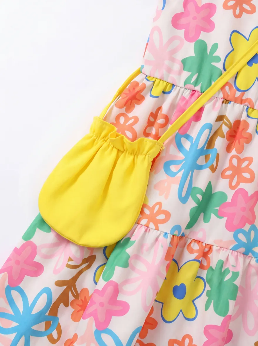 Fresh Market Toddler Girl Graffiti Floral Tiered Dress with Bag Blue+Yellow - Image 5
