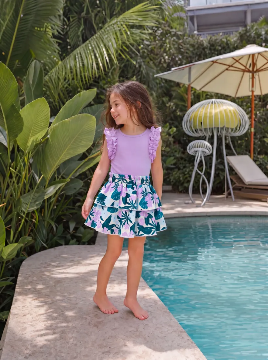 Fresh Market Toddler Girl Tropical Floral Tiered Dress Purple - Image 6