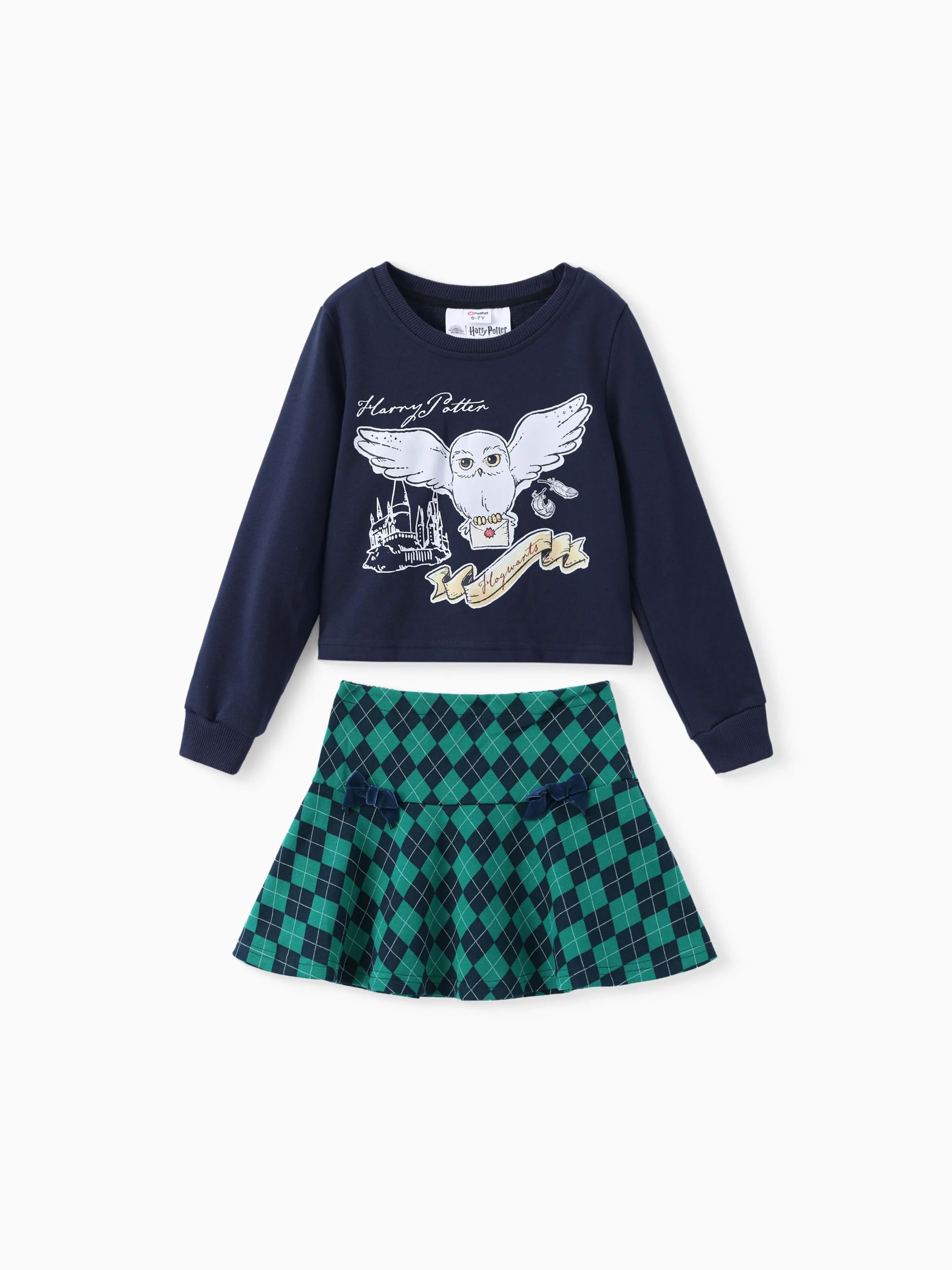 Harry Potter Kid Girl 2pcs Owl Print Long-sleeve Sweatshirt And Bow tie Plaid Skirt Set royalblue