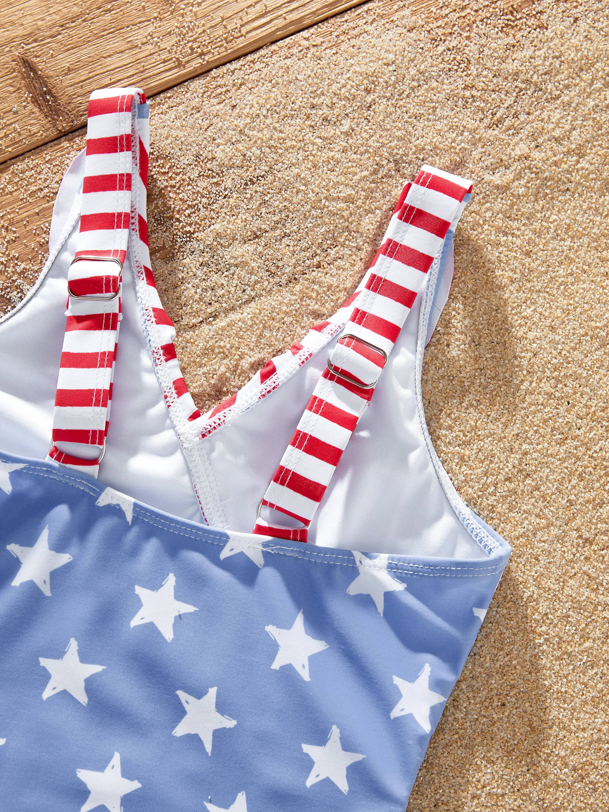 Independence Day 4th of July Daddy & Daughter Patriotic Swimwear Stars and Stripes Board Shorts or Ruffled Layers V-neck One-Piece Swimsuits Blue - Image 11