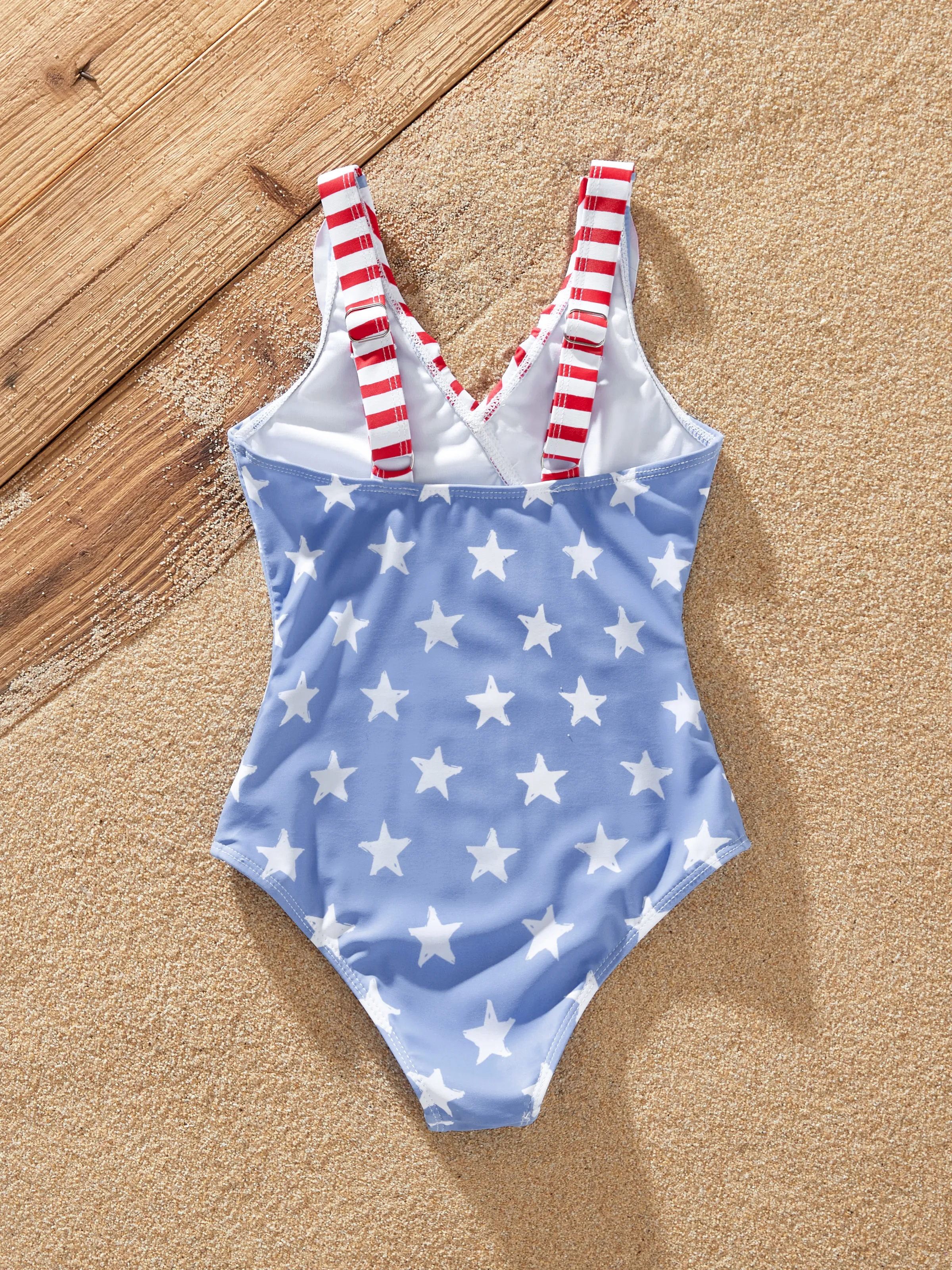 Independence Day 4th of July Daddy & Daughter Patriotic Swimwear Stars and Stripes Board Shorts or Ruffled Layers V-neck One-Piece Swimsuits Blue - Image 9
