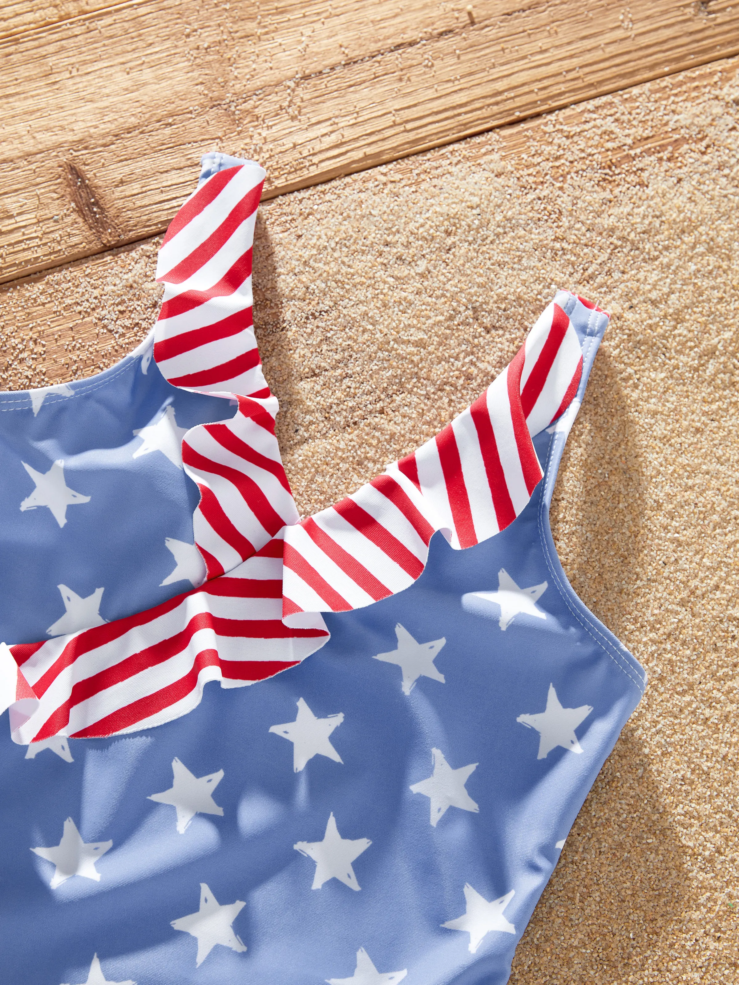 Independence Day 4th of July Family Matching Patriotic Swimwear Stars and Stripes Board Shorts or Ruffled Layers V-neck One-Piece Swimsuits Blue - Image 14
