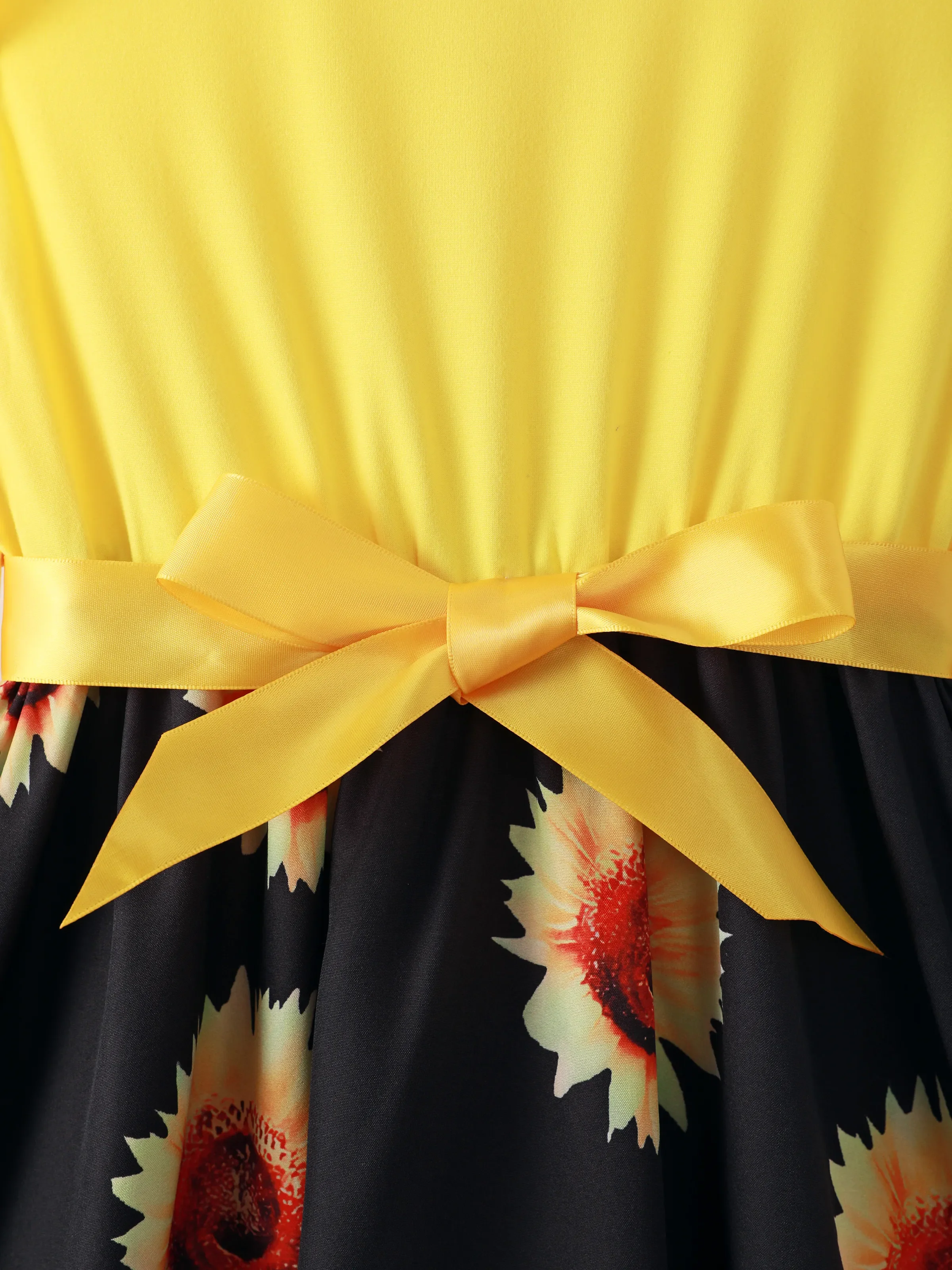Kid Girl Floral Print Splice Belted Flutter-sleeve Dress Yellow - Image 2
